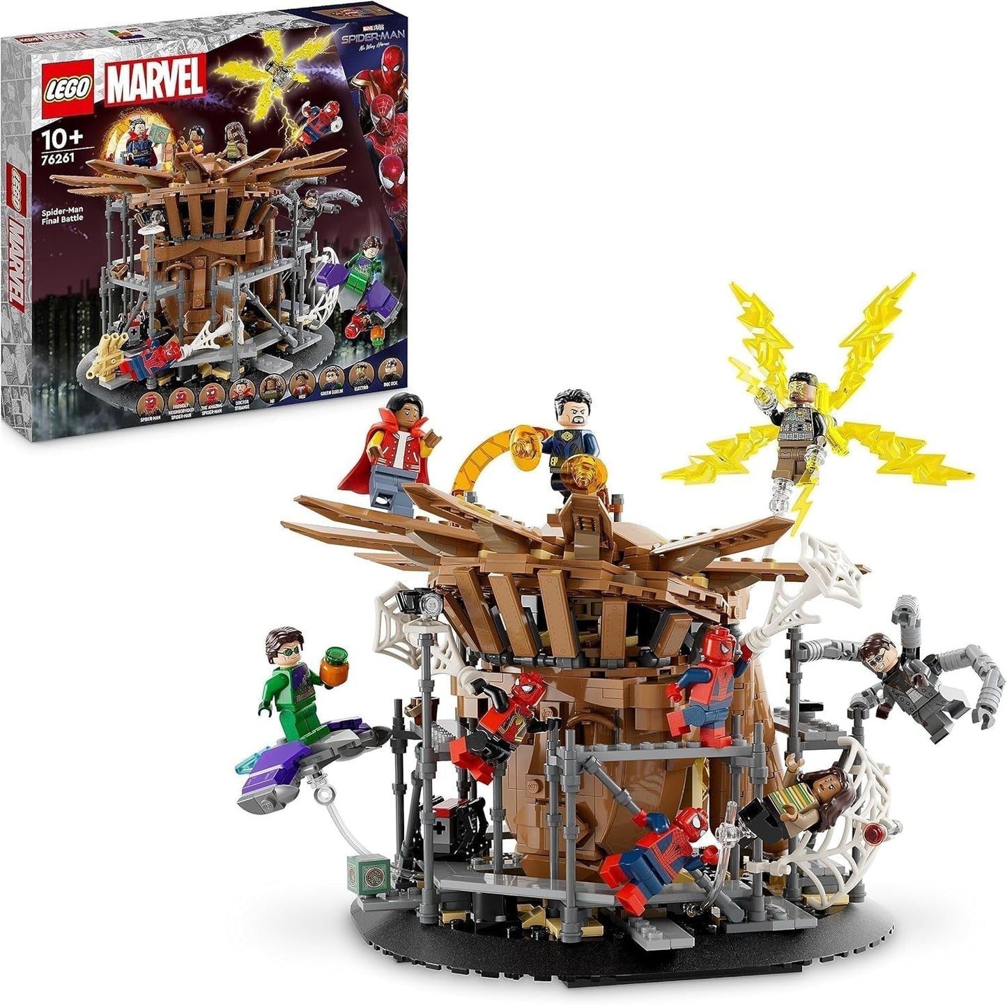 Sada LEGO 76261 Marvel Spider-Man's Big Showdown, Spider-Man: No Way Home se 3 minifigurkami Peterem Parkerem a zeleným skřetem, Electro, Sandman, Ned, Doctor Strange a MJ, sběratelský model Stavebnice Besuche den LEGO-Store Single