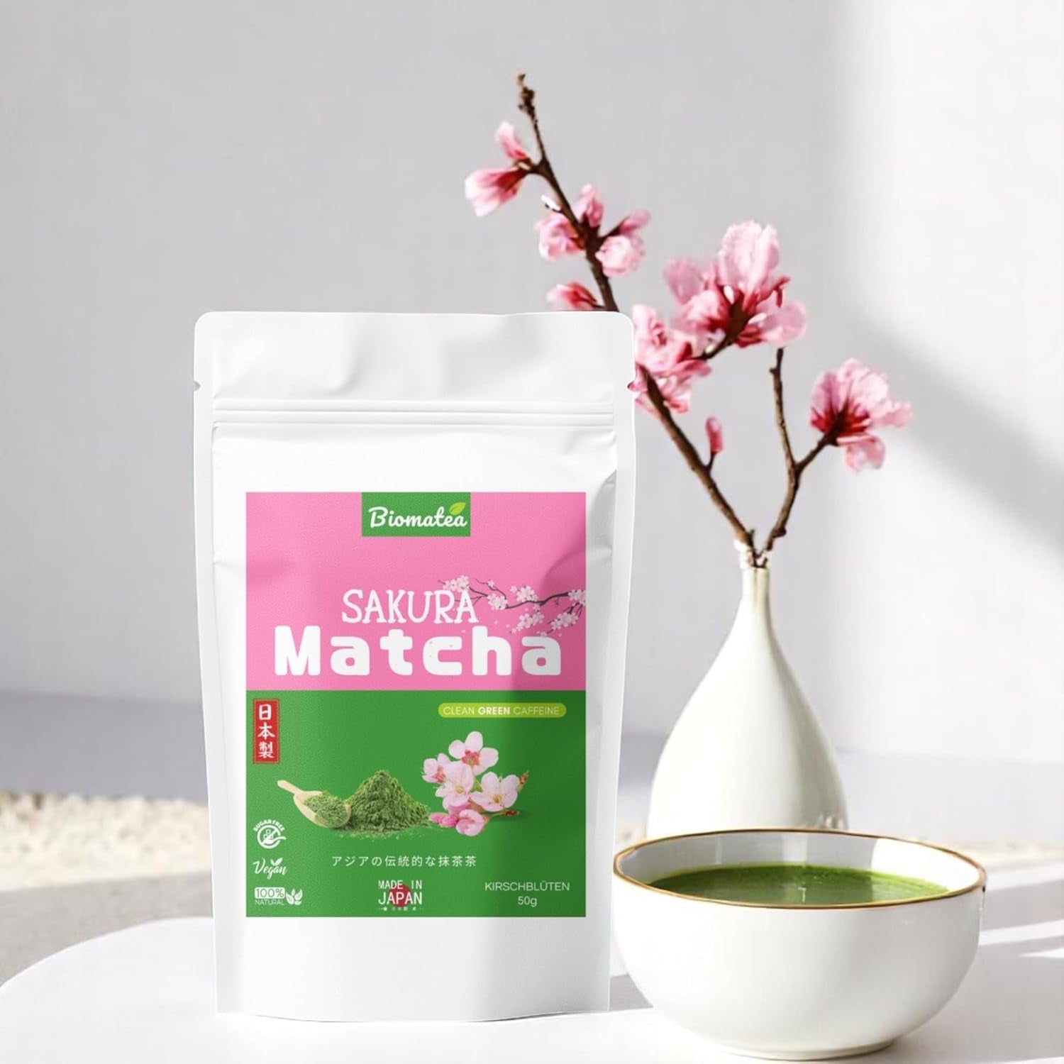 Sakura Matcha Tea 50g - Ceremoniální třída z Japonska - Prémiový zelený čaj s práškem z květů sakury - První sklizeň, mletý kámen, Vegan, bez přísad
