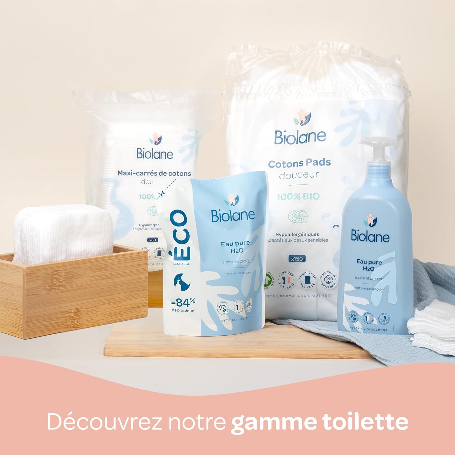 Vlhčené vložky BIOLANE 12 Maxi Squares - Miminka - 100% BIO - 720 Bavlna - pro citlivou pokožku - Přebalovací a toaletní potřeby - od narození - vyrobeno ve Francii
