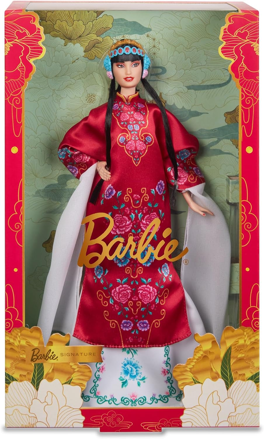 BARBIE Lunar New Year Barbie Puppe - Traditionelles Dreid in glücksbringendem Rot mit Pfingstrosen muster, azurově modrá Schuhe s růžovým třpytem, ​​inspiriert von der Peking-Oper, HRM57