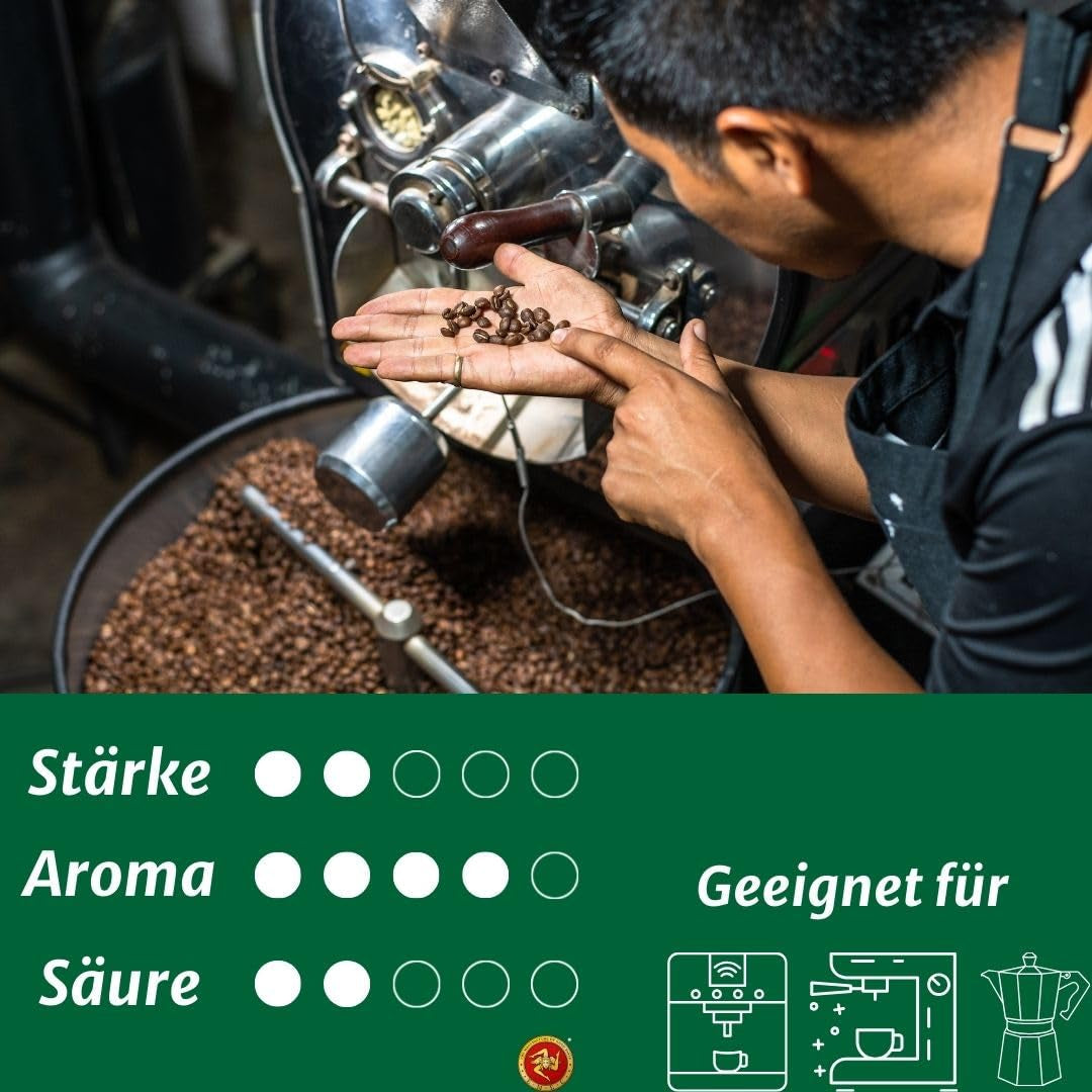 Caffè Crema - Kávová zrna pražená na Sicílii - Tradiční dlouhý proces pražení s dokonalou cremou, 250g sáček, extra nízká kyselost pro plně automatické stroje a portafiltr