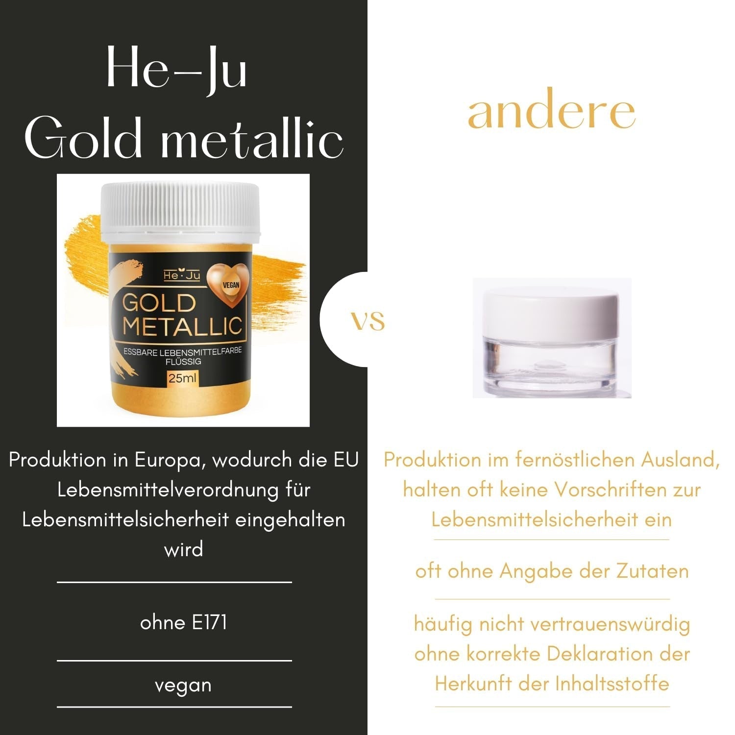 He-Ju Metallic Gold tekuté potravinářské barvivo 25 ml, jedlé třpytky na nápoje a jídlo (kovové zlato, 25 ml)