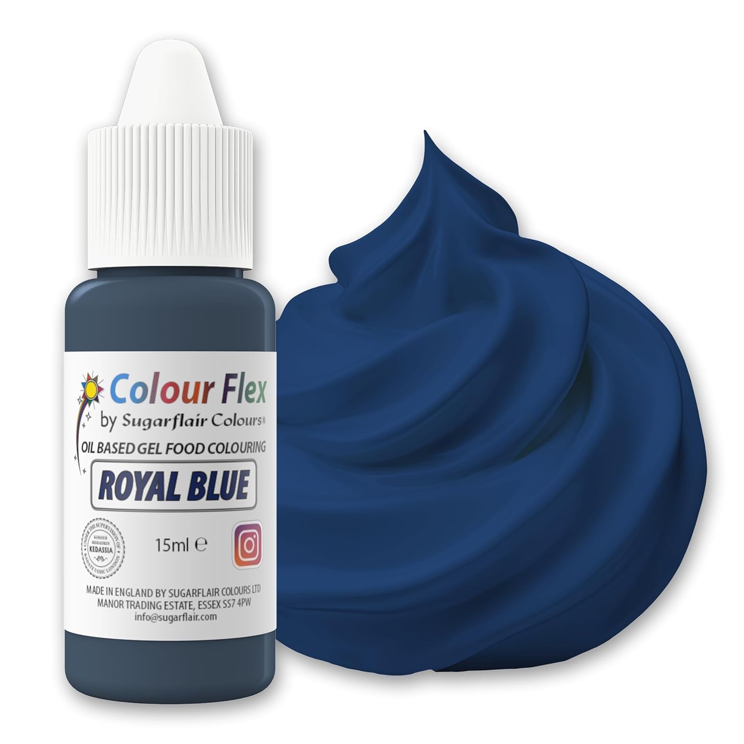 Sugarflair Colourflex Potravinářské barvivo na olejové bázi, královská modř, vysoce koncentrované tekuté potravinářské barvivo, potravinářské barvivo pro máslový krém, čokoládu, těsto, fondant, polevu a další – 15 ml