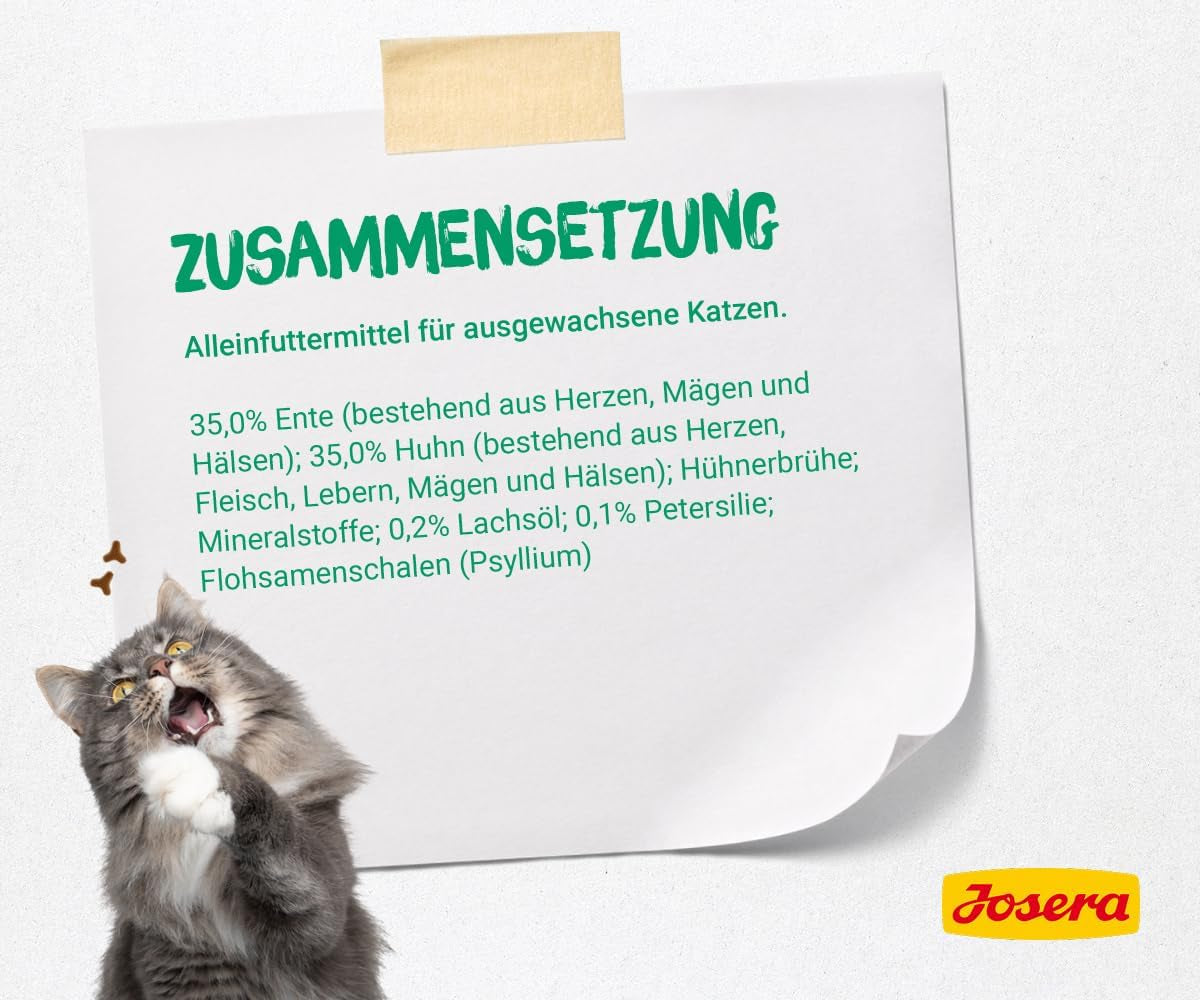 JOSERA Kachní a kuřecí paštika s petrželkou (16 x 85 g) | Dospělý | Prémiové vlhké krmivo pro dospělé kočky | Kachní a kuřecí paštika | Lososový olej | Žádná zrna | Mokré krmivo pro kočky v čerstvých sáčcích | Balení 16