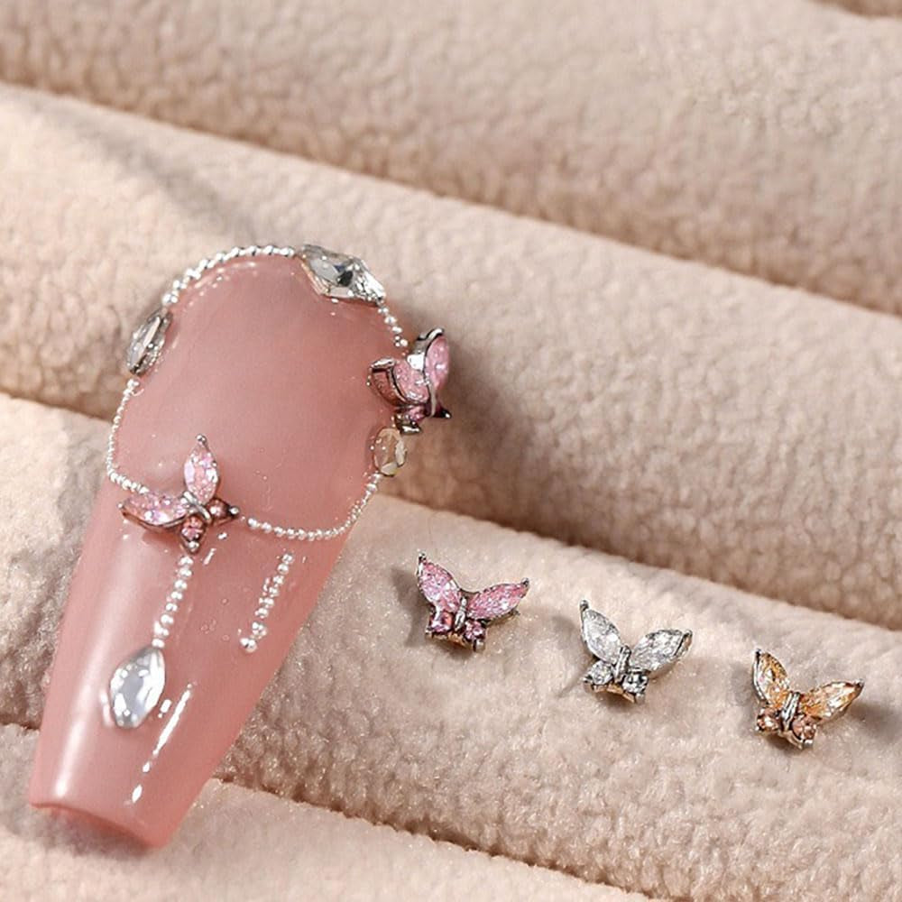 Mini Butterfly Zirkonové řetízky na klíče na nehty Y2K Bílá šampaňská Růžová drahokamu Crystal Butterfly Key Chains Nehty 3D Butterfly Design nehtů Klíčenky Butterfly Nails Dekorace Nail Art Klíčenky Nehtové doplňky