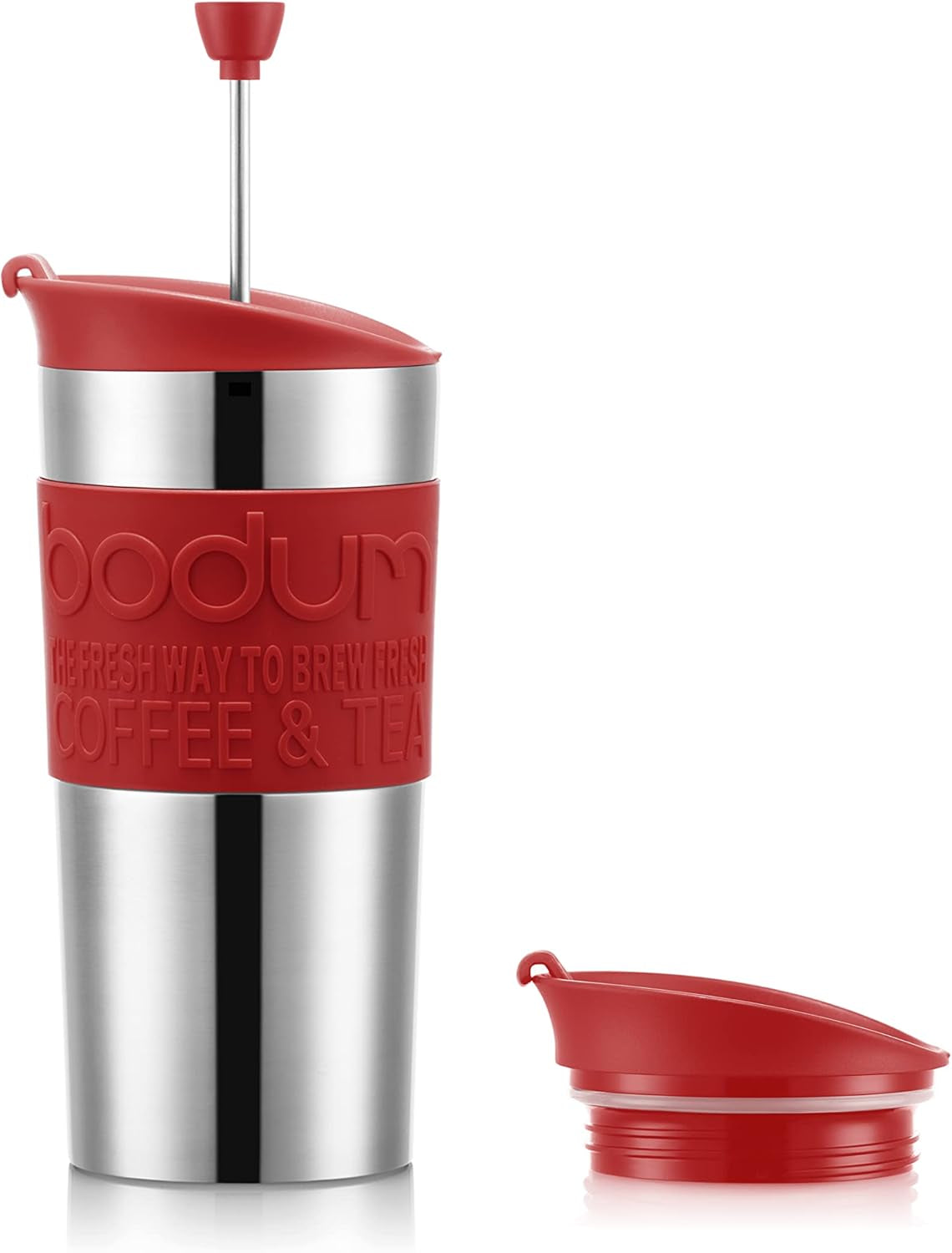 Termohrnek Bodum K11067-04 CESTOVNÍ PRESS SET, dvoustěnný, nerez, přídavné víko, 0,35 l, červený