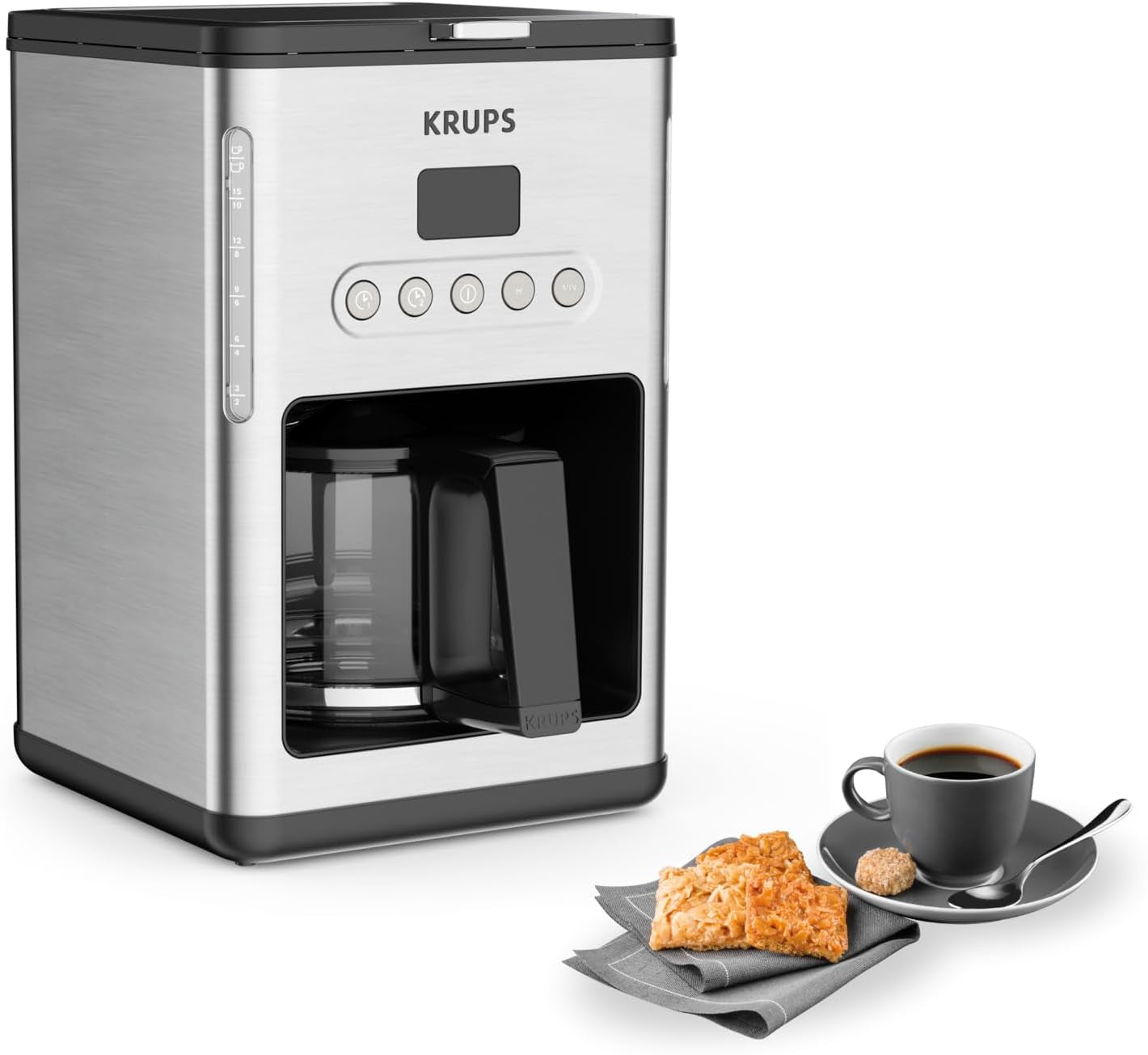 Kávovar na espresso s filtrem Krups KM442D Premium | 10-15 šálků | 1000 wattů | programovatelný | funkce udržování teploty | nerezová ocel | černý