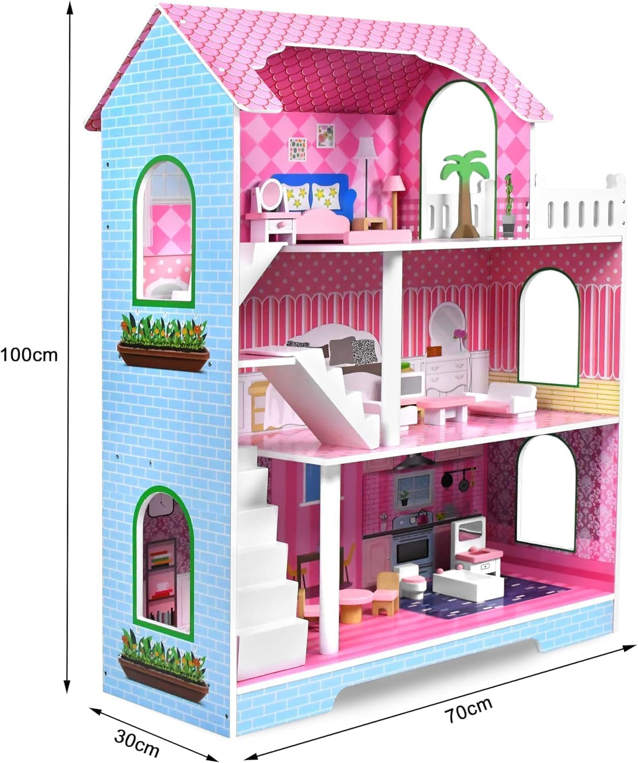 HENGMEI Puppenhaus Kinder Holz Puppenvilla Set domečku pro panenky Mädchen Spielset 3 Etagen Haus mit Möbeln und Zubehör, 70x30x100cm Puppenhäuser für Kinder (Typ B)