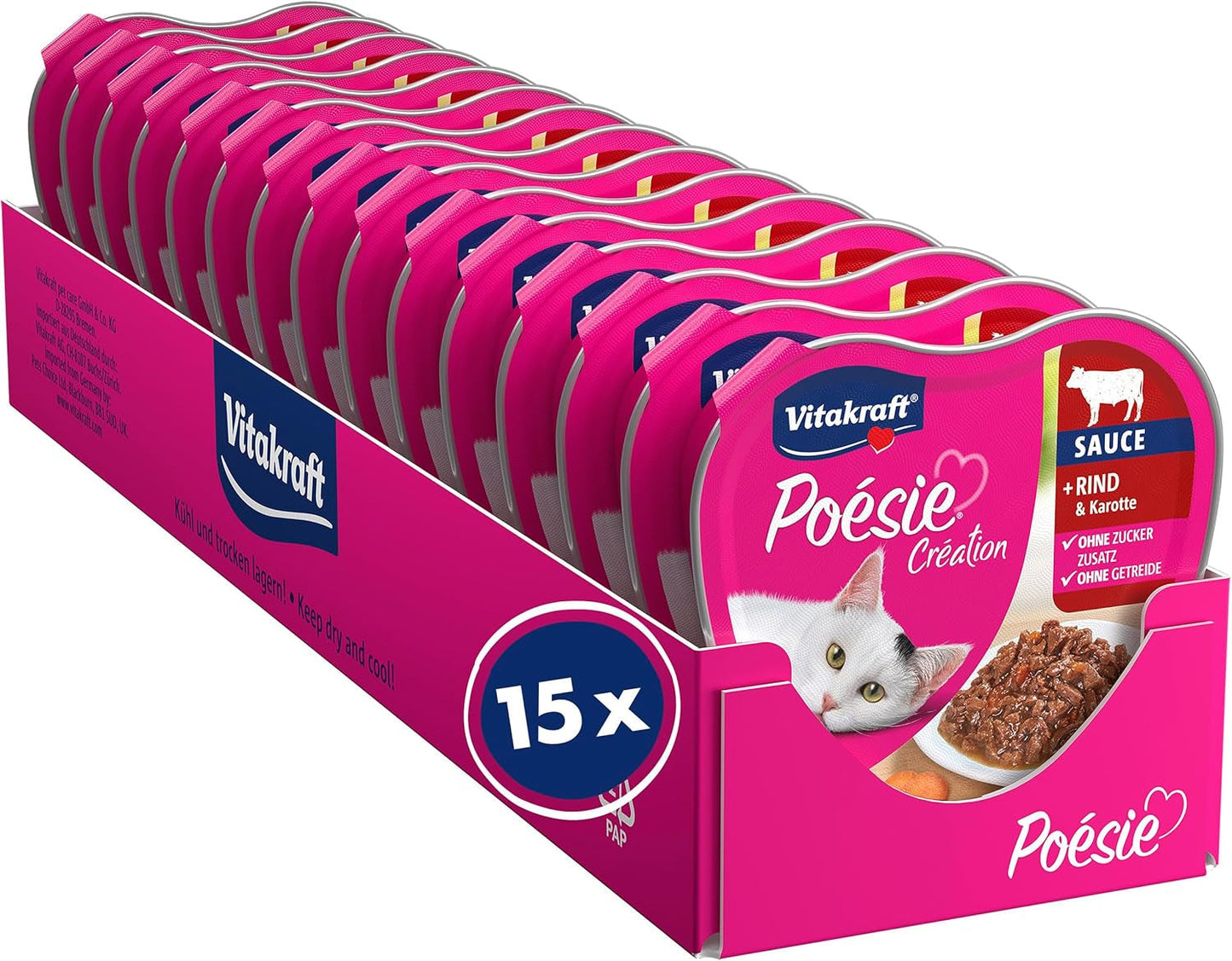 Vitakraft Poésie Création, mokré krmivo pro kočky, mokré krmivo v omáčce, s hovězím masem a mrkví, hromadné balení, bez přidaného cukru nebo obilovin (15 x 85 g)