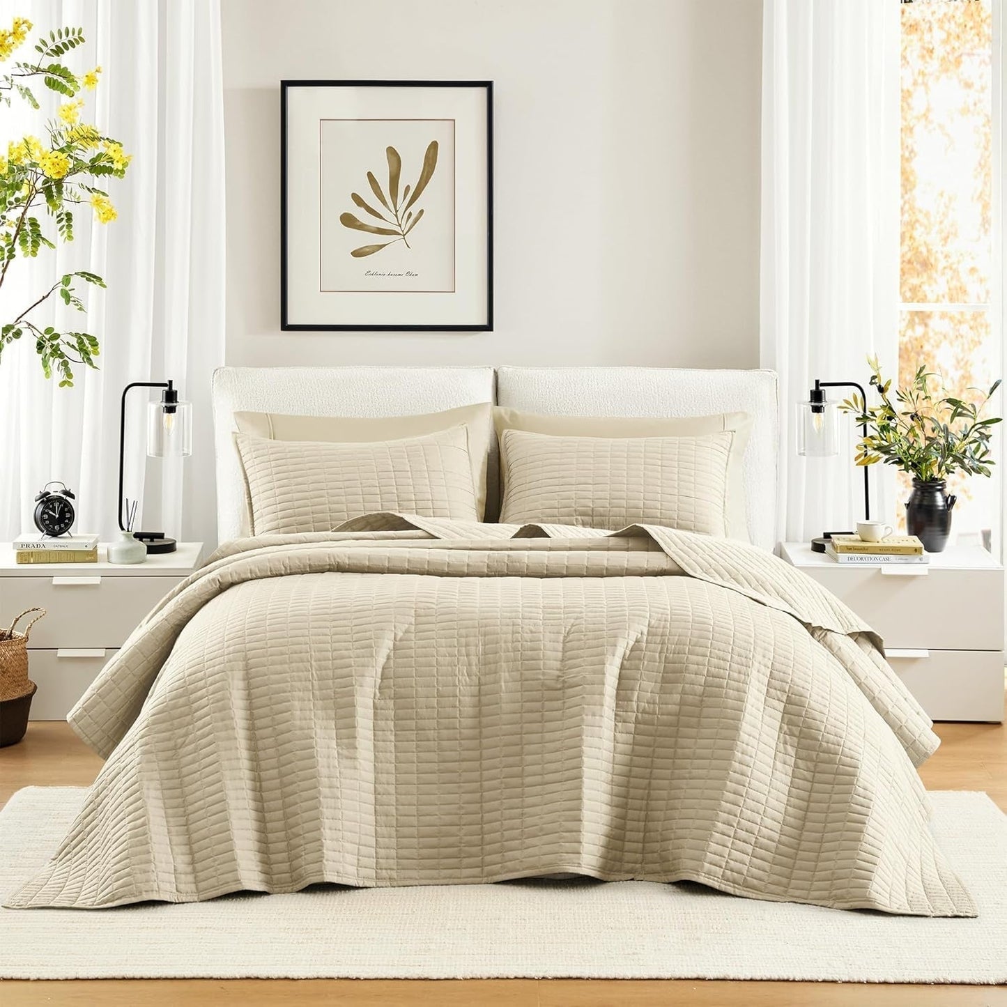Sada přikrývek Comfort Spaces Kienna, luxusní letní přikrývka s dvojitým stehem, lehká, měkká, celoroční povlečení, odpovídající povlak na polštář, bílá, přikrývka na manželské postele (264,2 x 228,6 cm), přikrývky a přikrývky Naty Shop slonovinová barva královská velikost