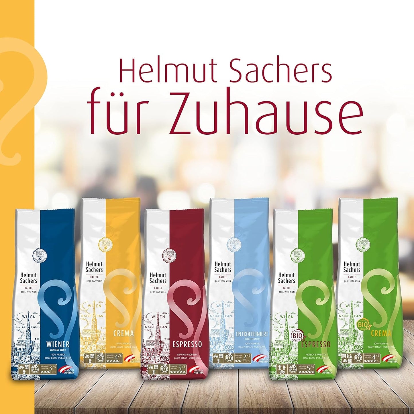 Káva Helmut Sachers – smetana, síla 4/5, 100% Arabica, celá kávová zrna, 6 x 500 g
