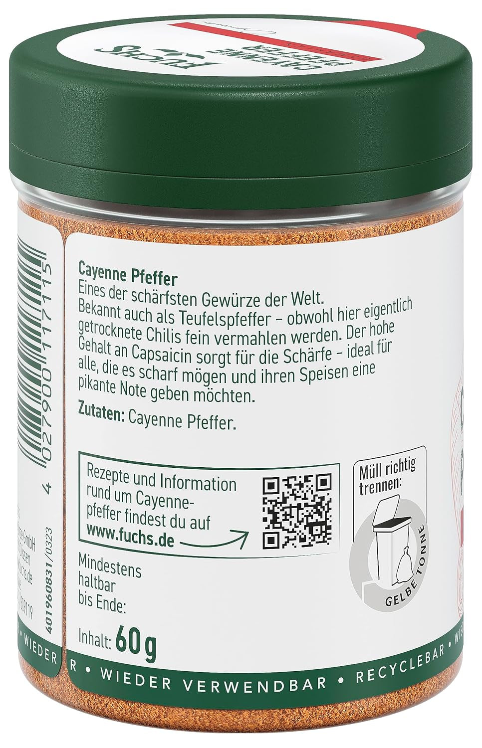 Fuchs Gewürze - Kajenský pepř gemahlen - pro einen scharfen Geschmack ve všech druzích pokrmů - přírodní ingredience - 60 g v wiederverwendbarer, recyclebarer Dávka