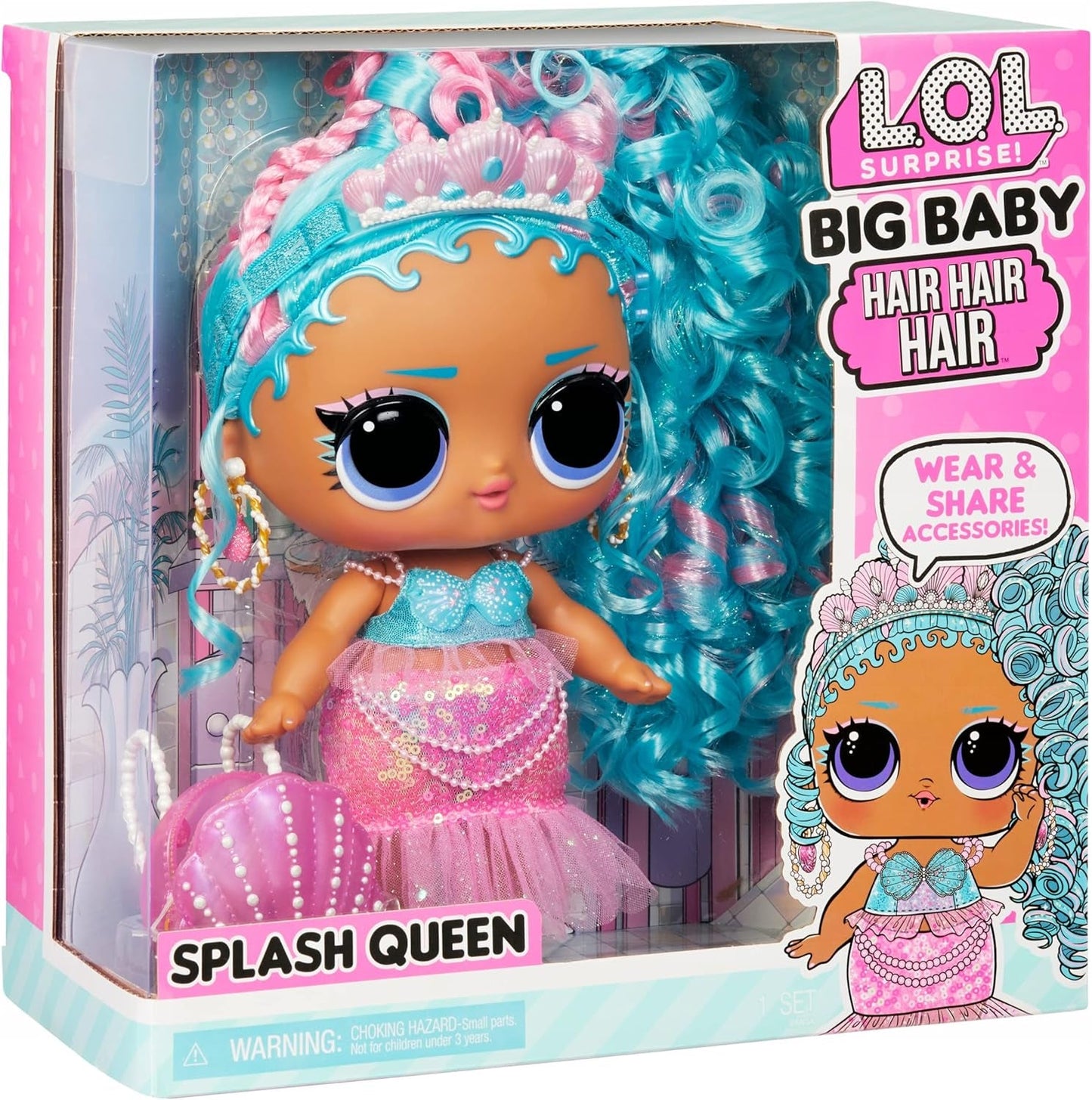 L.O.L. Překvapení! Big Baby Hair Hair Hair – SPLASH QUEEN – 27,94 cm große Puppe mit 14 Überraschungen, Accessoires zum Teilen und echten Haaren – Für Kinder und Sammler ab 4 Jahren