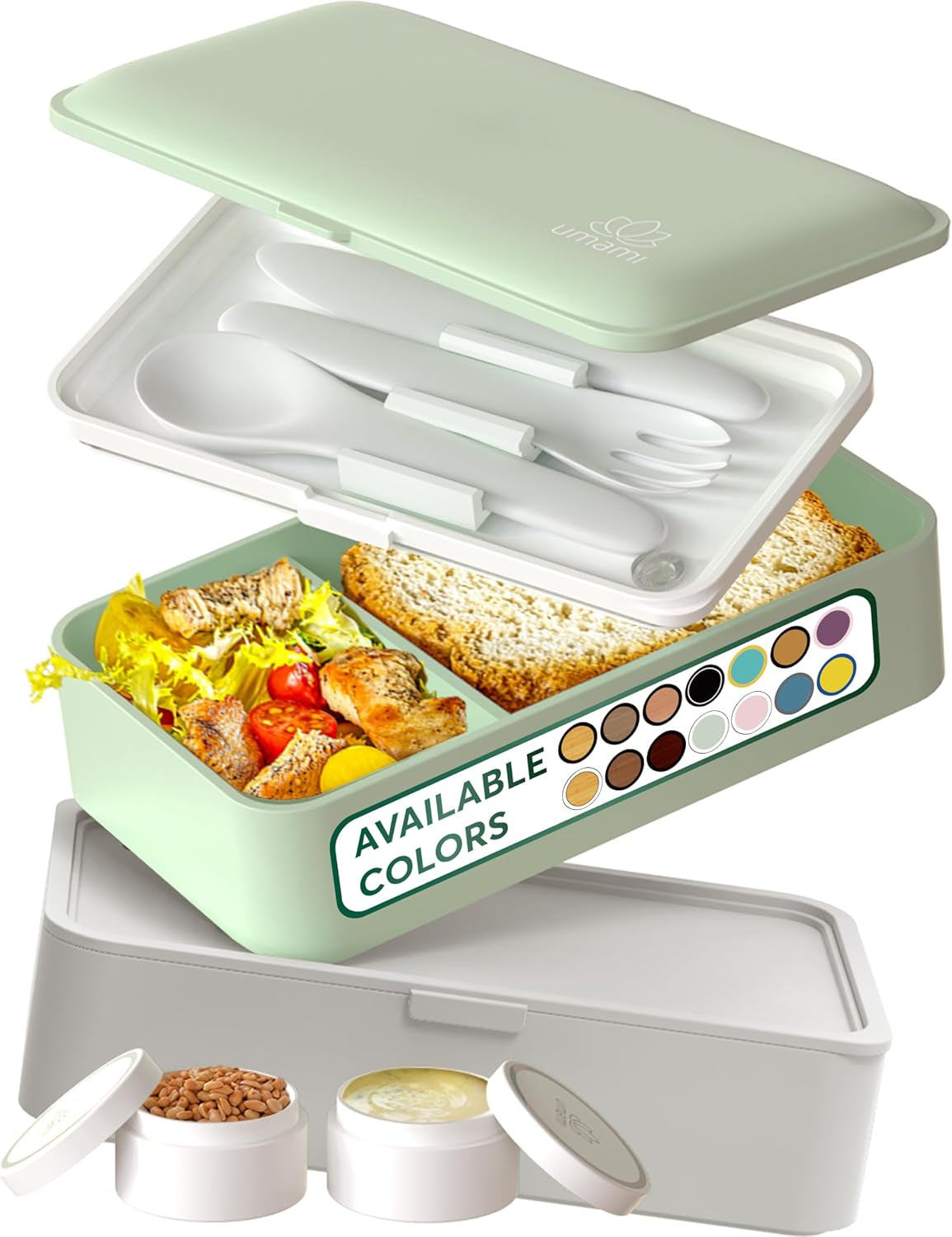 Umami Lunch Box pro dospělé, Netěsný stohovatelný Bento Box se 4 příbory a přihrádkami, Box na oběd pro dospělé, To-Go Zásobník na salát, Piknik / Kancelář Lunch Box, Charcoal Grey, 1500 ml
