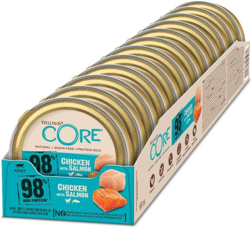 Wellness CORE 98% 12 x 85g, kuře a losos - vlhké krmivo pro kočky, hustá paštika, bez obilovin, přírodní, hypoalergenní, s vysokým obsahem bílkovin, s vysokým obsahem masa