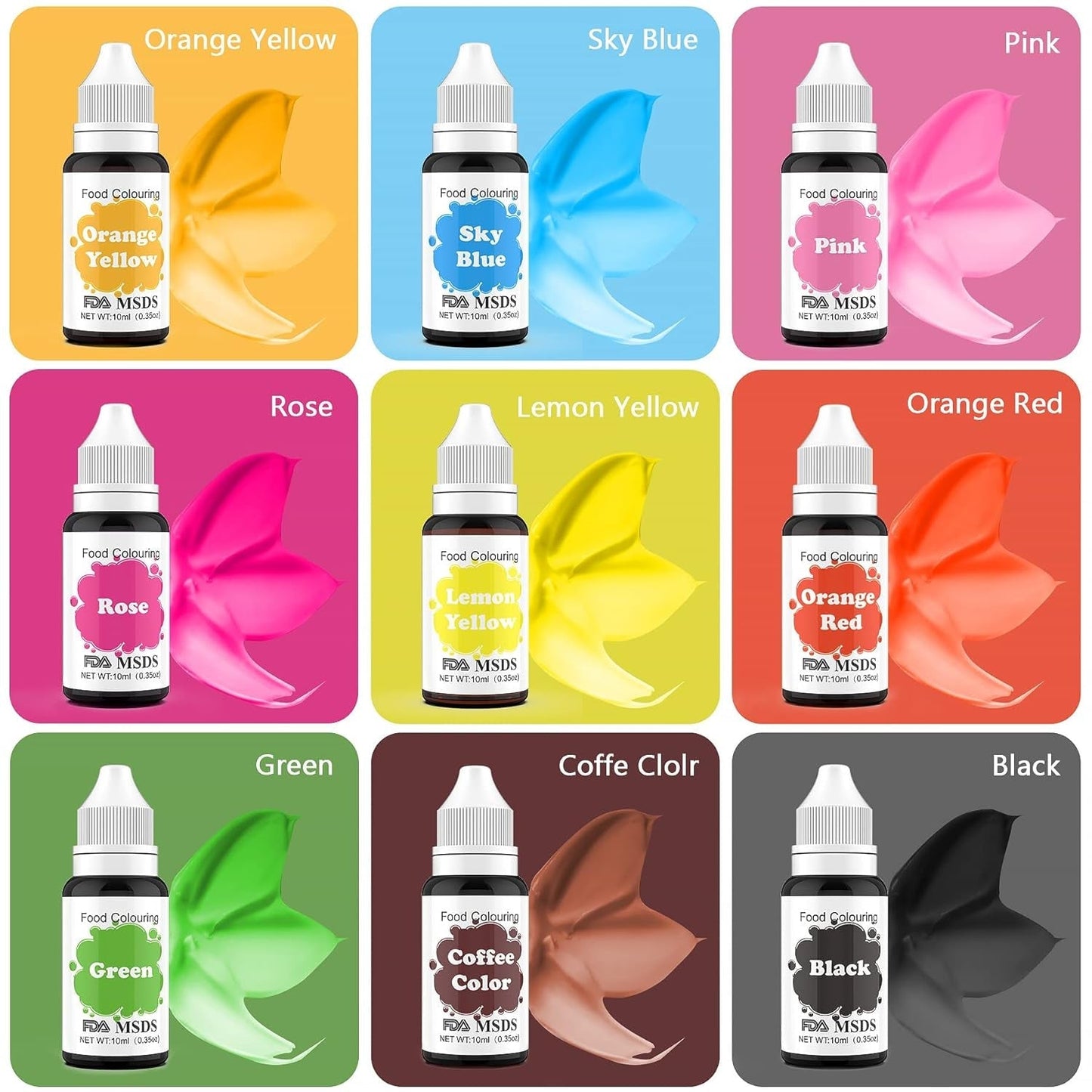 Potravinářské barvivo 9 x 10 ml, tekuté potravinářské barvivo - sada potravinářských barviv na zdobení dortů, makaronů, koblih, fudge, polevy, mýdel pro kutily, zmrzliny, barviva na mýdlo, barviva ve stříkací pistoli