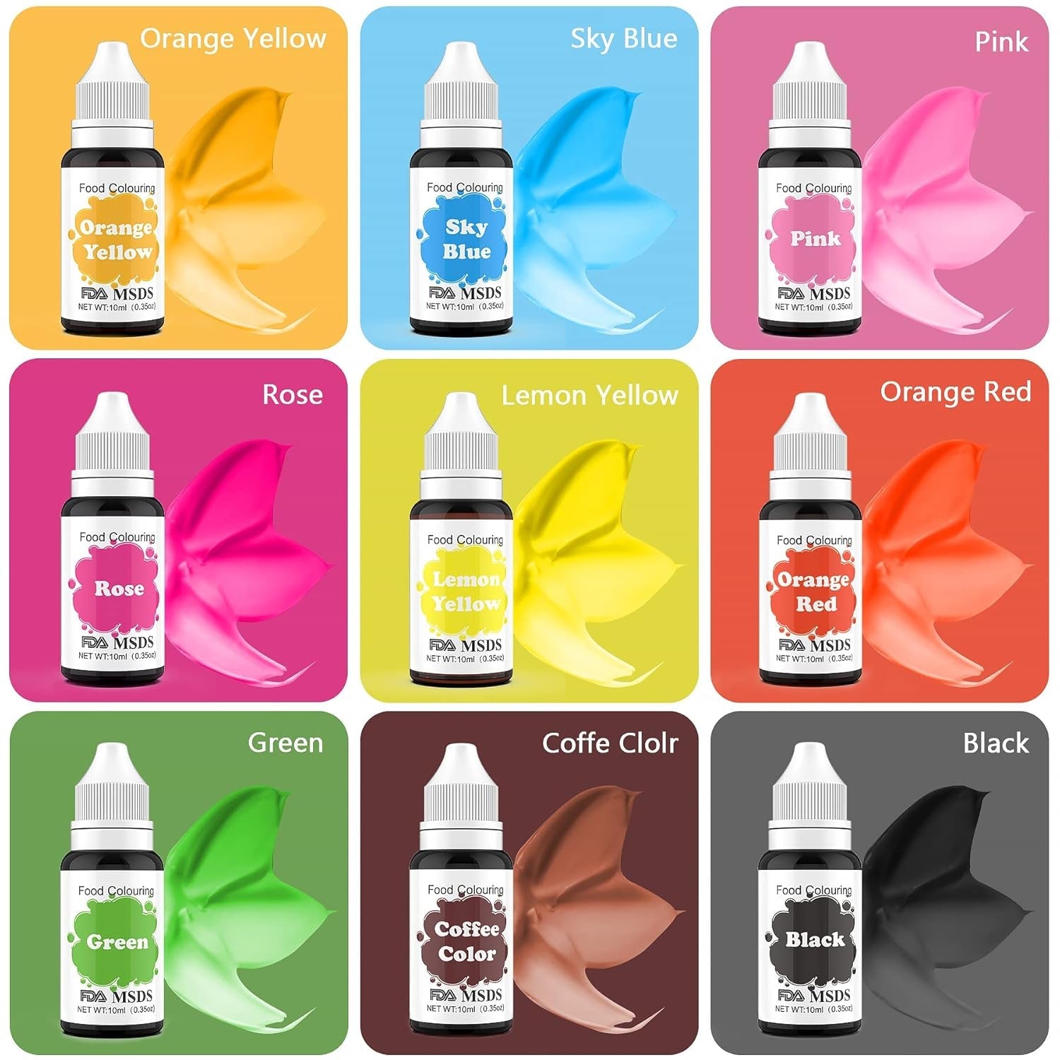 Potravinářské barvivo 9 x 10 ml, tekuté potravinářské barvivo - sada potravinářských barviv na zdobení dortů, makaronů, koblih, fudge, polevy, mýdel pro kutily, zmrzliny, barviva na mýdlo, barviva ve stříkací pistoli