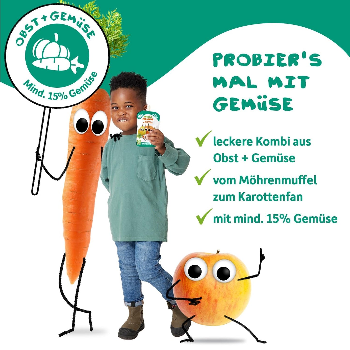 FRECHE FREUNDE Bio lisovatelná ovocná kapsička s jablky, banány, špenátem a okurkou, pyré a zeleninou v lisovatelné kapsičce pro miminka od 6 měsíců, veganská, balení 6 ks (6 x 100 g)