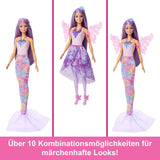 Hrací sada 3 v 1 panenka Barbie s 8 doplňky včetně ocasu mořské panny, křídel víly, královských náhrdelníků, bot a dalších pro více než 10 různých vzhledů, JCP74