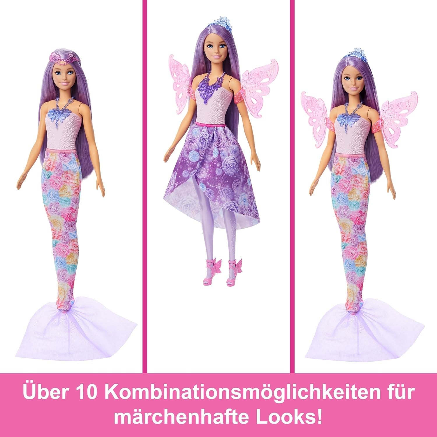 Hrací sada 3 v 1 panenka Barbie s 8 doplňky včetně ocasu mořské panny, křídel víly, královských náhrdelníků, bot a dalších pro více než 10 různých vzhledů, JCP74