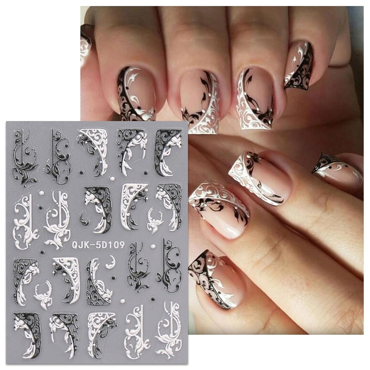 JMEOWIO 3D Nálepka na nehty Schwarz Weiß Blume Nálepka na nehty Selbstklebend Nagelaufkleber 5D Stereoskopisch Blumen Dekoration Nageldesign Zubehör 4 Blatt