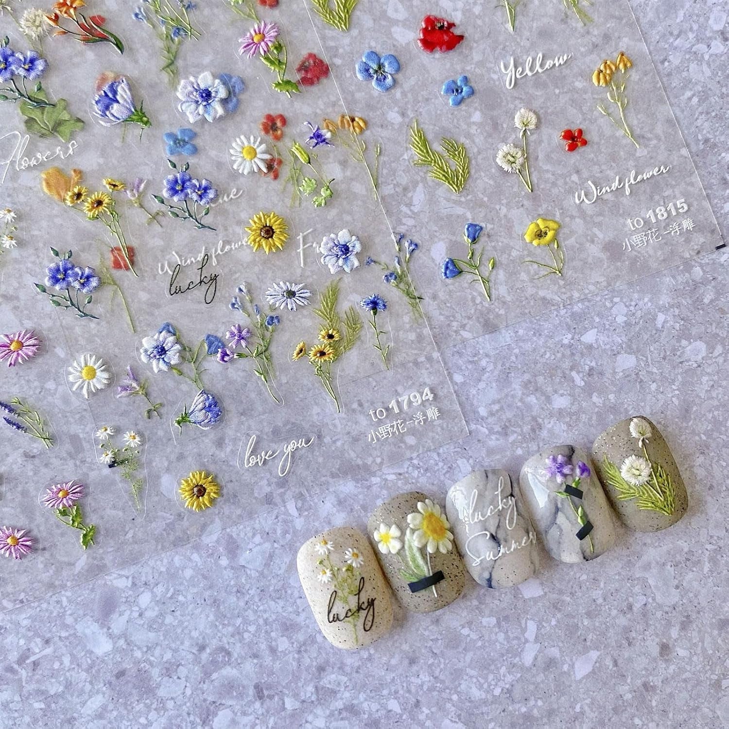 JMEOWIO 3D Nálepka na nehty Bunte Blumen Nálepka na nehty Selbstklebend Nagelaufkleber 5D Stereoskopisch Frühlings Letní Blumen Dekorace Nageldesign Zubehör 2 Blatt