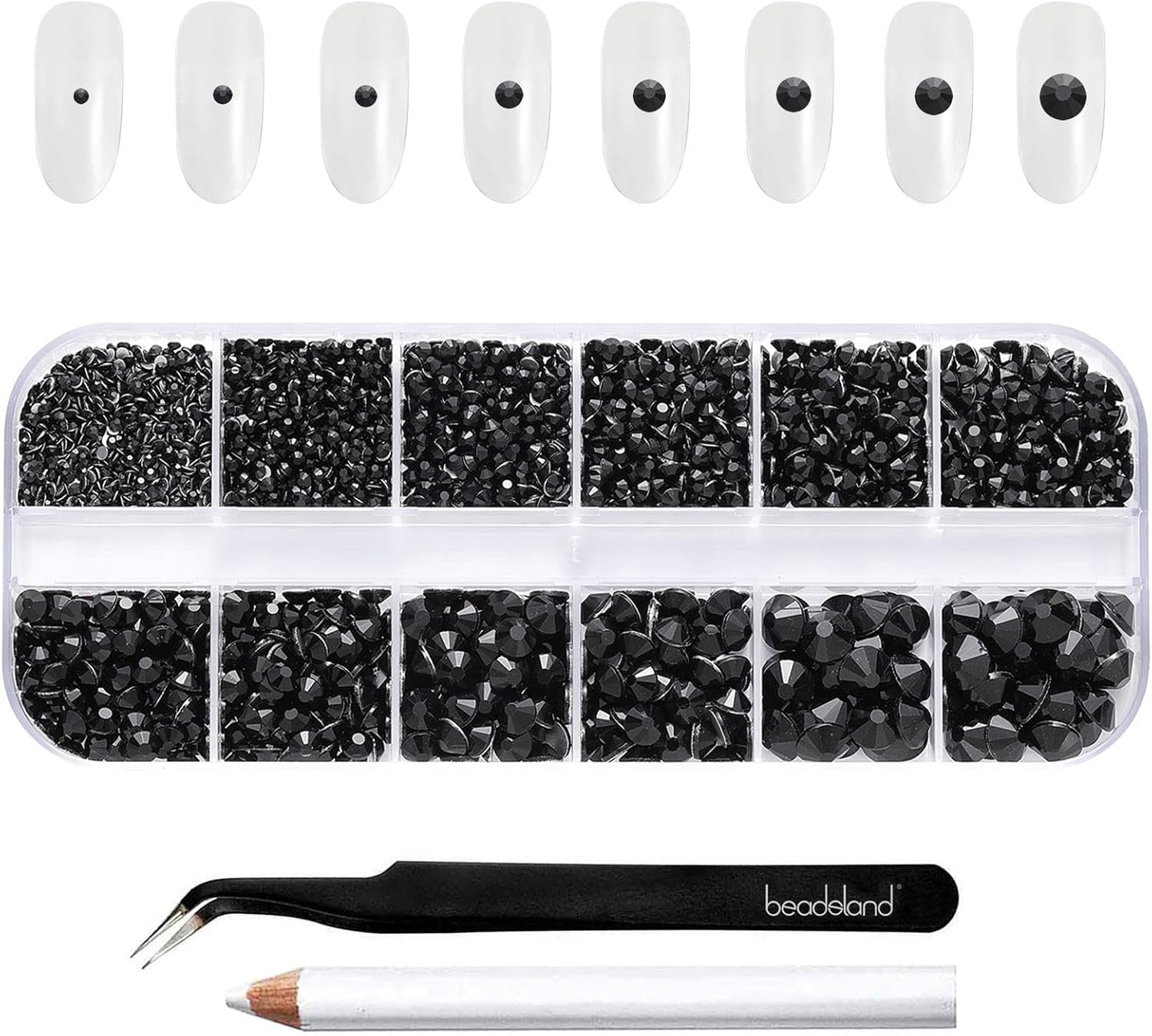 Beadsland 2500 ks Glas Nailart Strasssteine ​​​​Kristall Flatback Edelsteine ​​Runde, ​​Für Handwerk Gemischt 8 Größen SS4 ~ SS30 Mit Picking Pinzette Und Stift (Kristall Weiss)