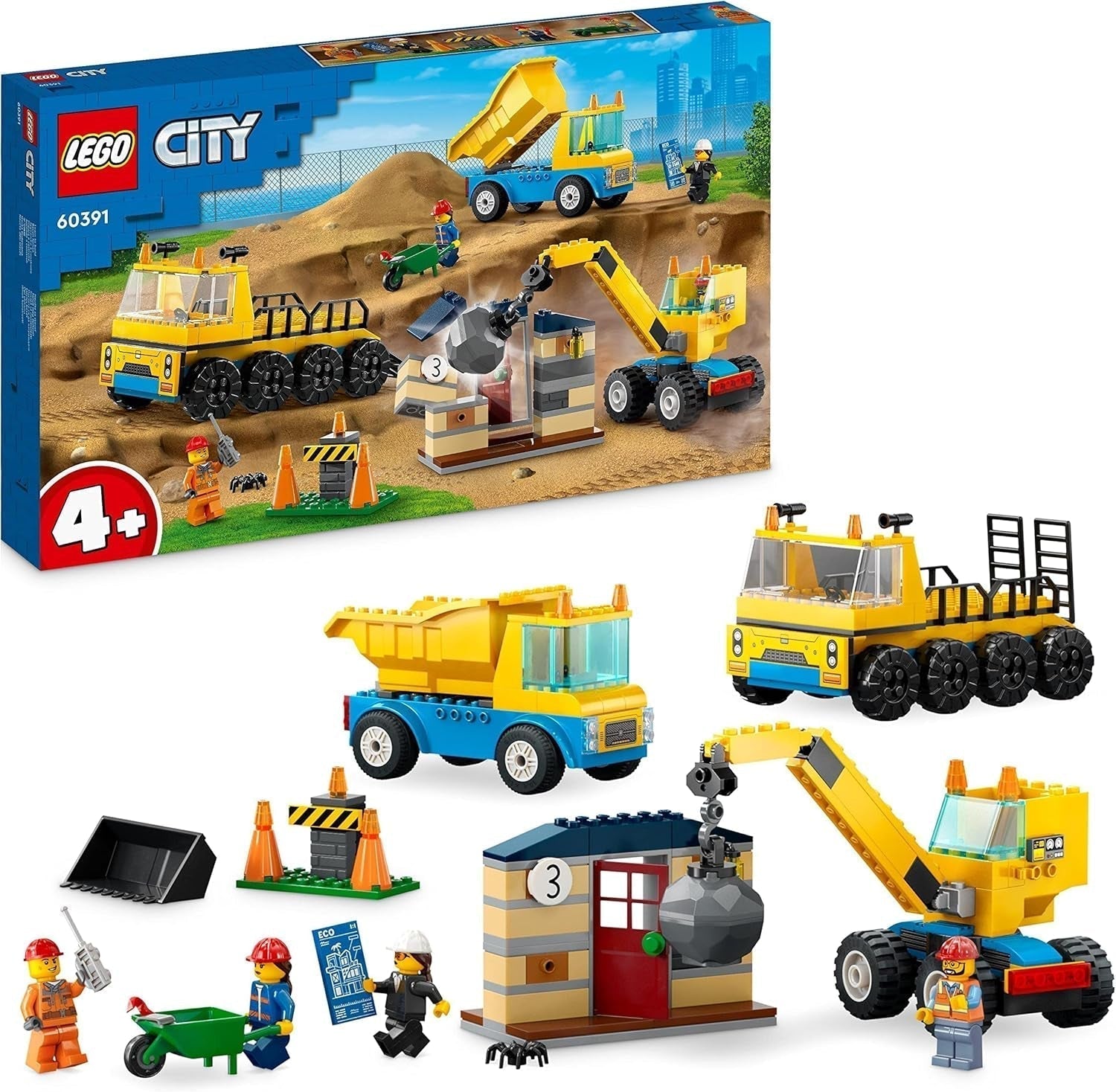 LEGO 60391 Městská stavební vozidla a jeřáb s demolicí koulí, bagr, sklápěč a dopravní vozidlo, vzdělávací hračka pro děti od 4 let Stavebnice Besuche den LEGO-Store Single