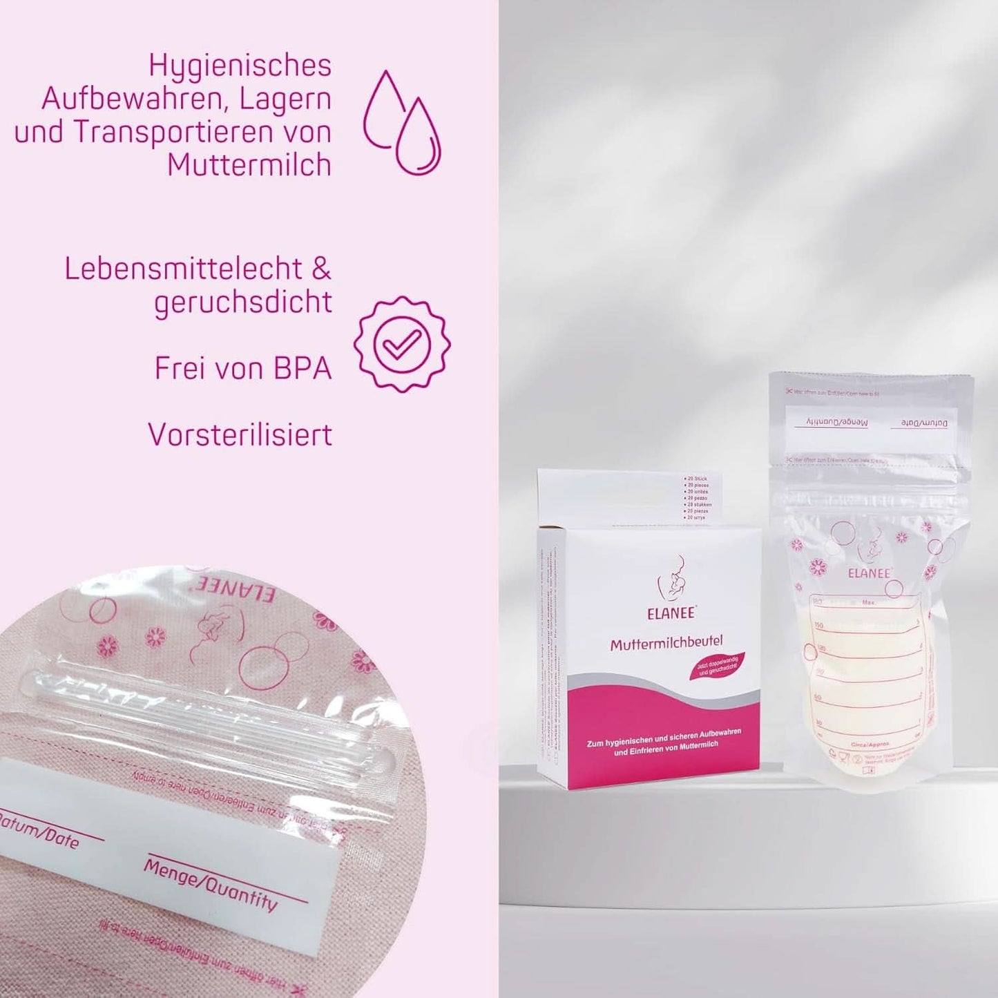 ELANEE Muttermilchbeutel, Aufbewahren & Einfrieren Von Muttermilch, Geschmackneutral Und Vorsterilisiert, Doppelter Sicherheitsverschluss, 20 Stück, Mit Standfuß (711-00) Dětská výživa a doplňky ke kojení Naty Shop