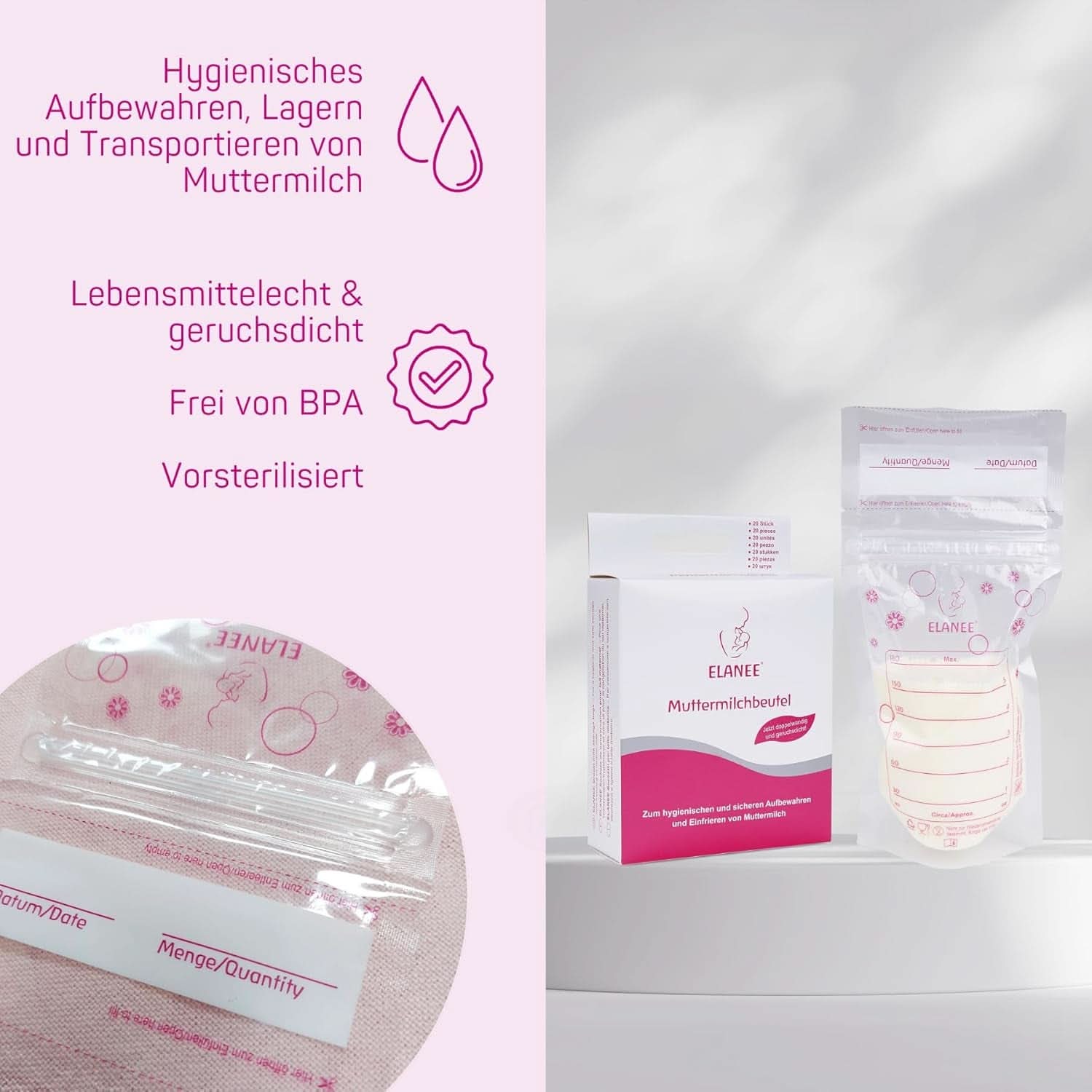 ELANEE Muttermilchbeutel, Aufbewahren & Einfrieren Von Muttermilch, Geschmackneutral Und Vorsterilisiert, Doppelter Sicherheitsverschluss, 20 Stück, Mit Standfuß (711-00) Dětská výživa a doplňky ke kojení Naty Shop