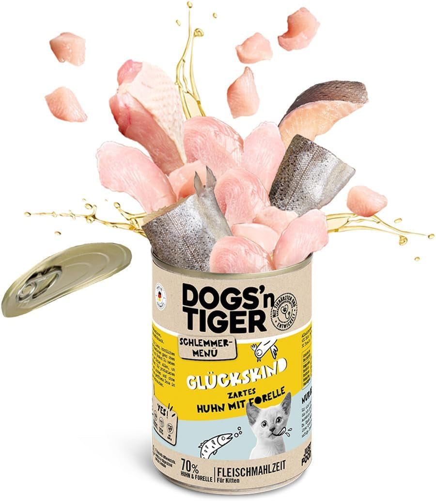 Dogs'n Tiger Schlemmermenü Glückskind, Nassfutter für Kätzchen, saftiges Hun und Forelle - ohne Getreide, Zuckerzusatz, künstliche Konservierungsstoffe, optimální Verträglichkeit, 12x 200g