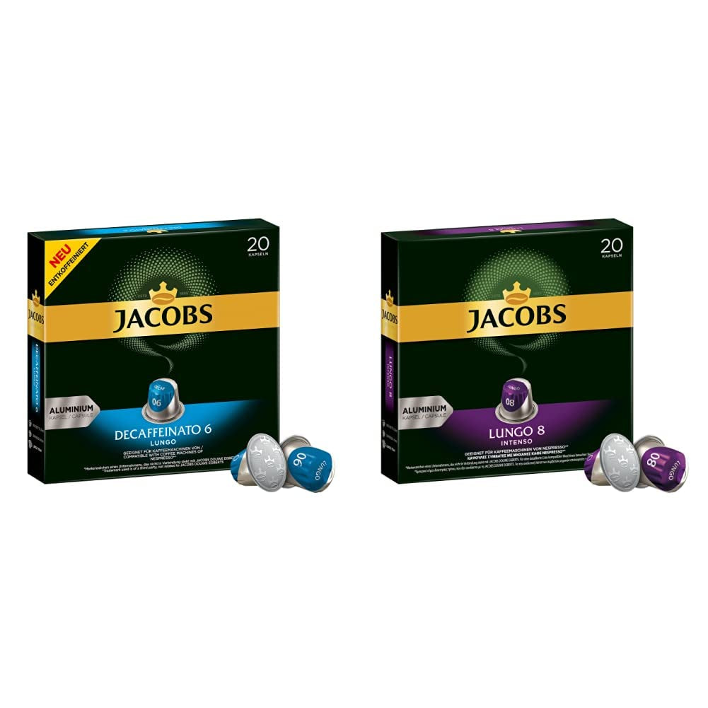 Jacobs Kaffeekapseln Lungo Decaffeinato-Intensität 6, 10er Pack, 10 x 20 Getränke & Kaffeekapseln Lungo Intenso, Intensität 8 von 12, 200 Nespresso®* kompatibilní Kapseln, 10 x 20 Getr
