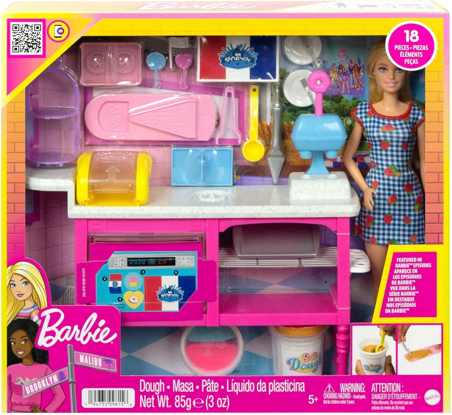 Panenka Barbie Malibu Roberts a 18dílná sada na pečení, včetně formiček na těsto a koblihy, croissanty a muffiny, pro děti od 3 let, HJY19