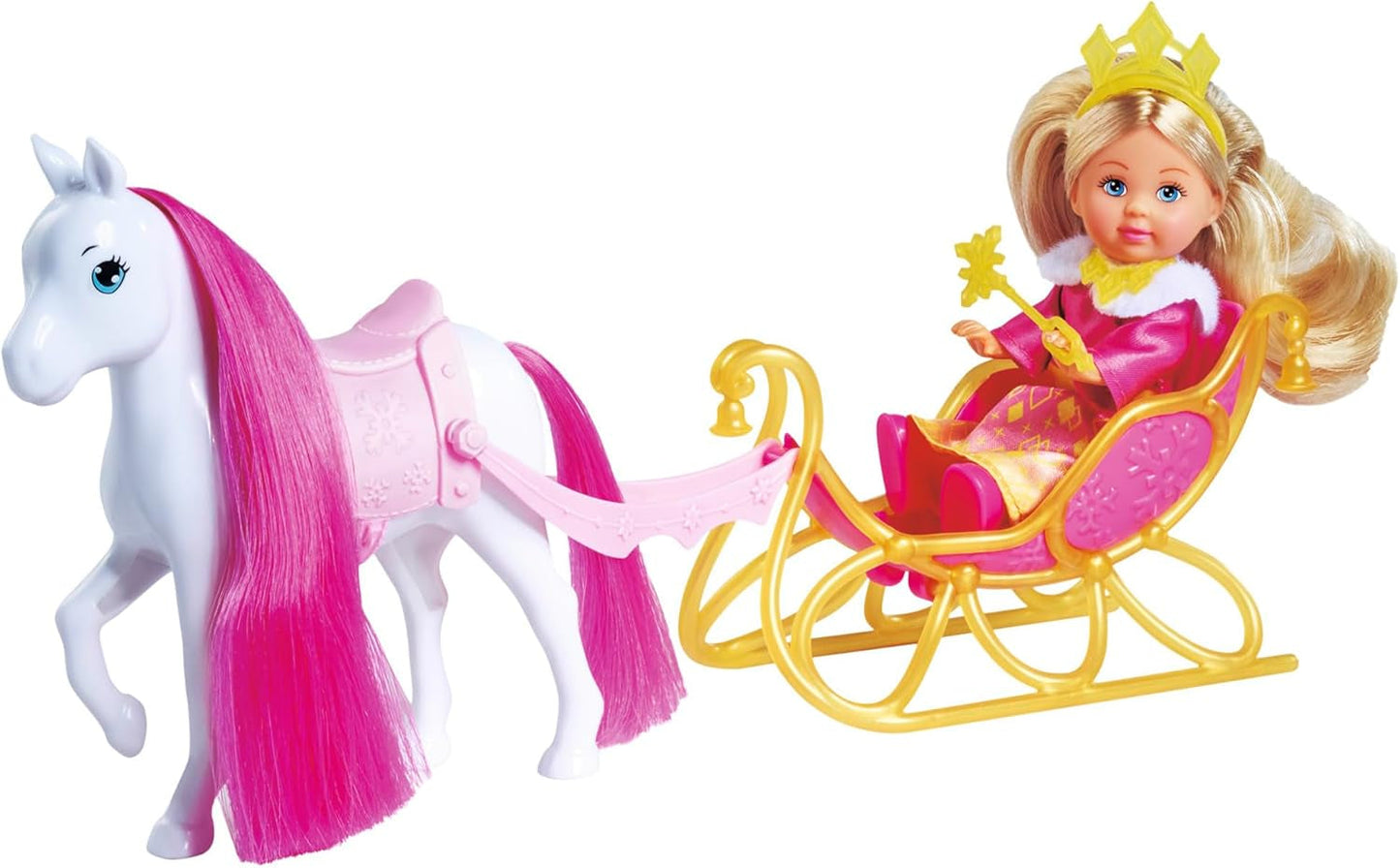 Simba Evi Love Princess Ride, panenka princezna se sáněmi a zimním koněm, doplňky pro princezny, 12 cm, věk 3+