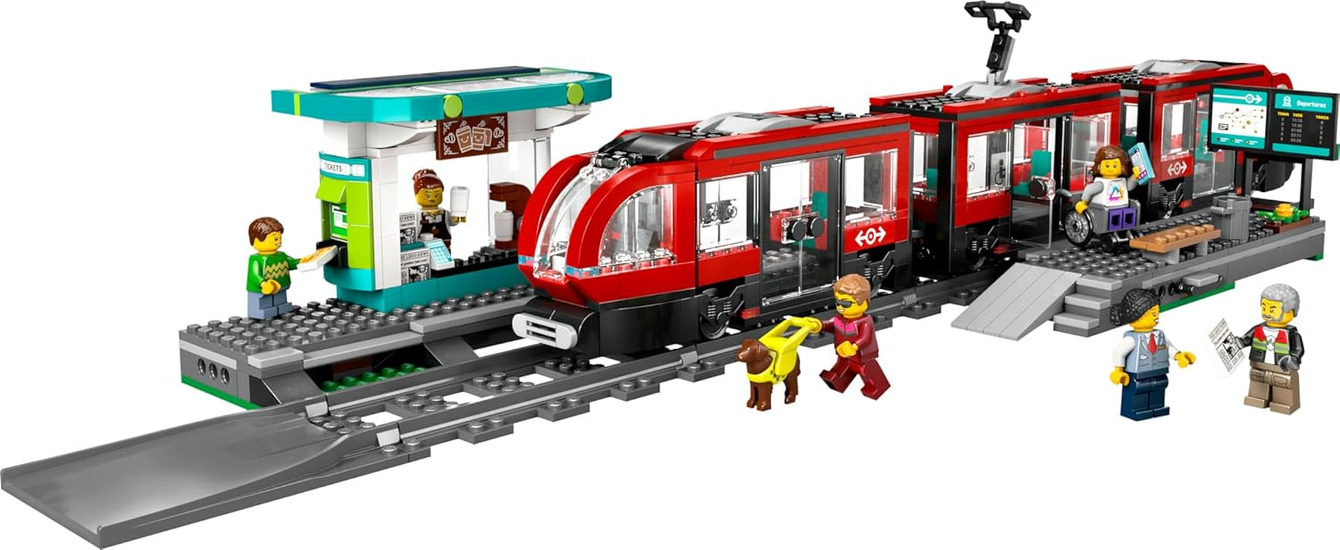 LEGO City tramvaj se stanicí, nápad na dárek pro fanoušky autíček od 7 let, se 6 minifigurkami a vodicím psem pro hraní rolí, stavebnice 60423 Stavebnice Besuche den LEGO-Store