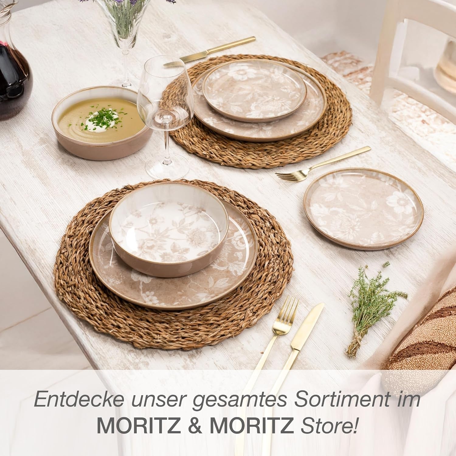 Moritz & Moritz MARIELLA 6místná 24dílná sada kameninového nádobí - Moderní béžové nádobí s hravým designem, kávový servis se snadnou údržbou s talířky, misky a šálky - Kombinovaná sada