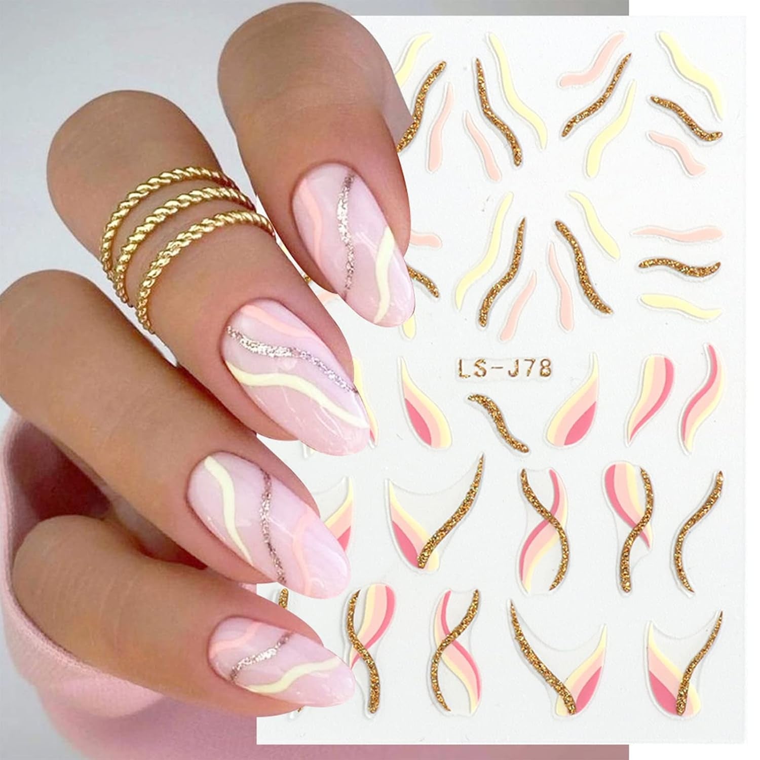 JMEOWIO Nálepka na nehty Französische Tipp 9 Blatt Nálepka na nehty Selbtklebend Nagelaufkleber Glitzer Wellenlinie Dekoration Nageldesign Zubehör