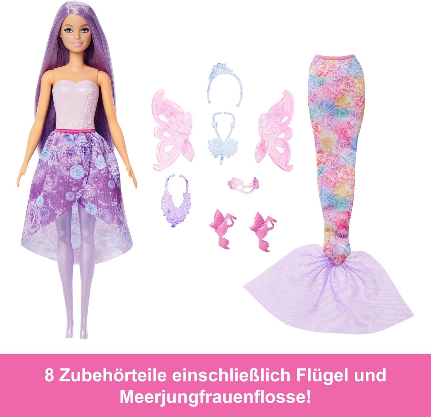 Hrací sada 3 v 1 panenka Barbie s 8 doplňky včetně ocasu mořské panny, křídel víly, královských náhrdelníků, bot a dalších pro více než 10 různých vzhledů, JCP74