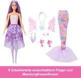 Hrací sada 3 v 1 panenka Barbie s 8 doplňky včetně ocasu mořské panny, křídel víly, královských náhrdelníků, bot a dalších pro více než 10 různých vzhledů, JCP74