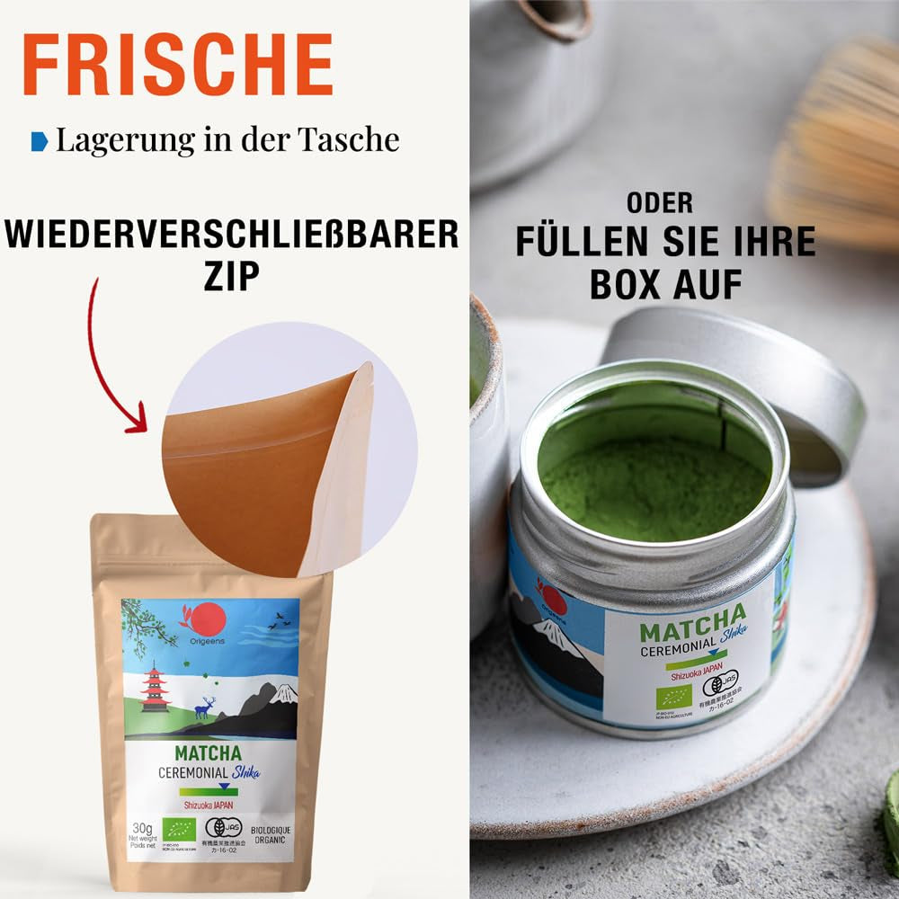ORIGEENS BIO MATCHA CEREMONIÁLNÍ STUPEŇ "SHIKA" - Organický japonský čaj ze Shizuoka - Matcha Latte/Usucha - 30g doplňovací sáček - Ceremoniální stupeň organického Matcha zeleného čaje v prášku
