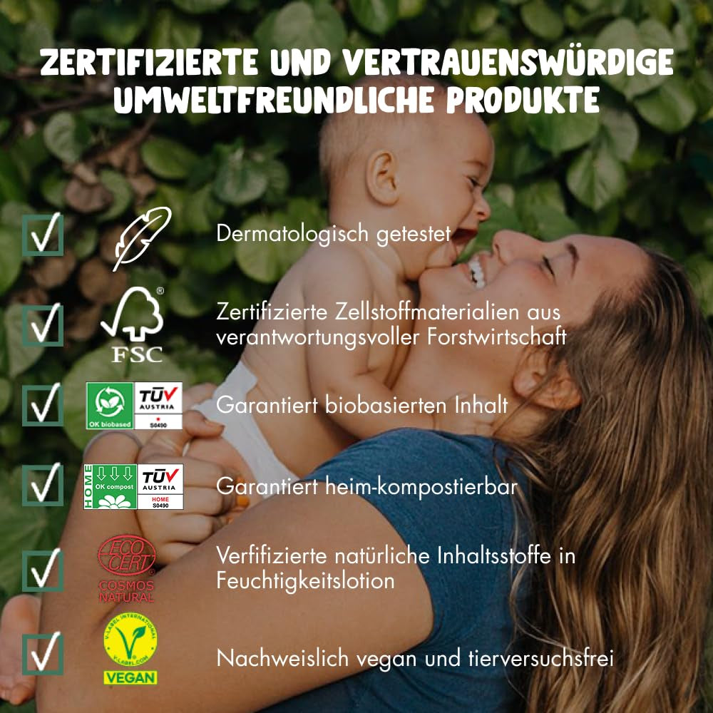 Dětské ubrousky Naty | 100% bylinný a bez parfemace pro citlivou pokožku | Bezplastové a certifikované kompostovatelné ubrousky s 98% čištěnou vodou | 672 ubrousků (12 balení)