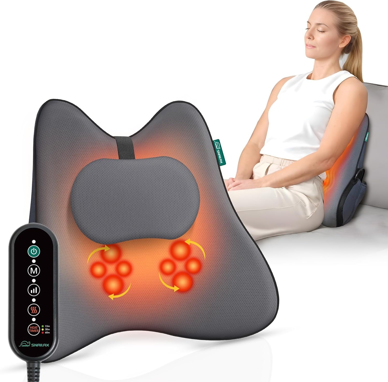 Ergonomický bederní opěrný polštář Snailax s masáží a vyhříváním, opěrný polštář Shiatsu z paměťové pěny, sedací polštář se 3 intenzitami masáže | 2 stupně ohřevu | 3 časovače | pohodlné sezení