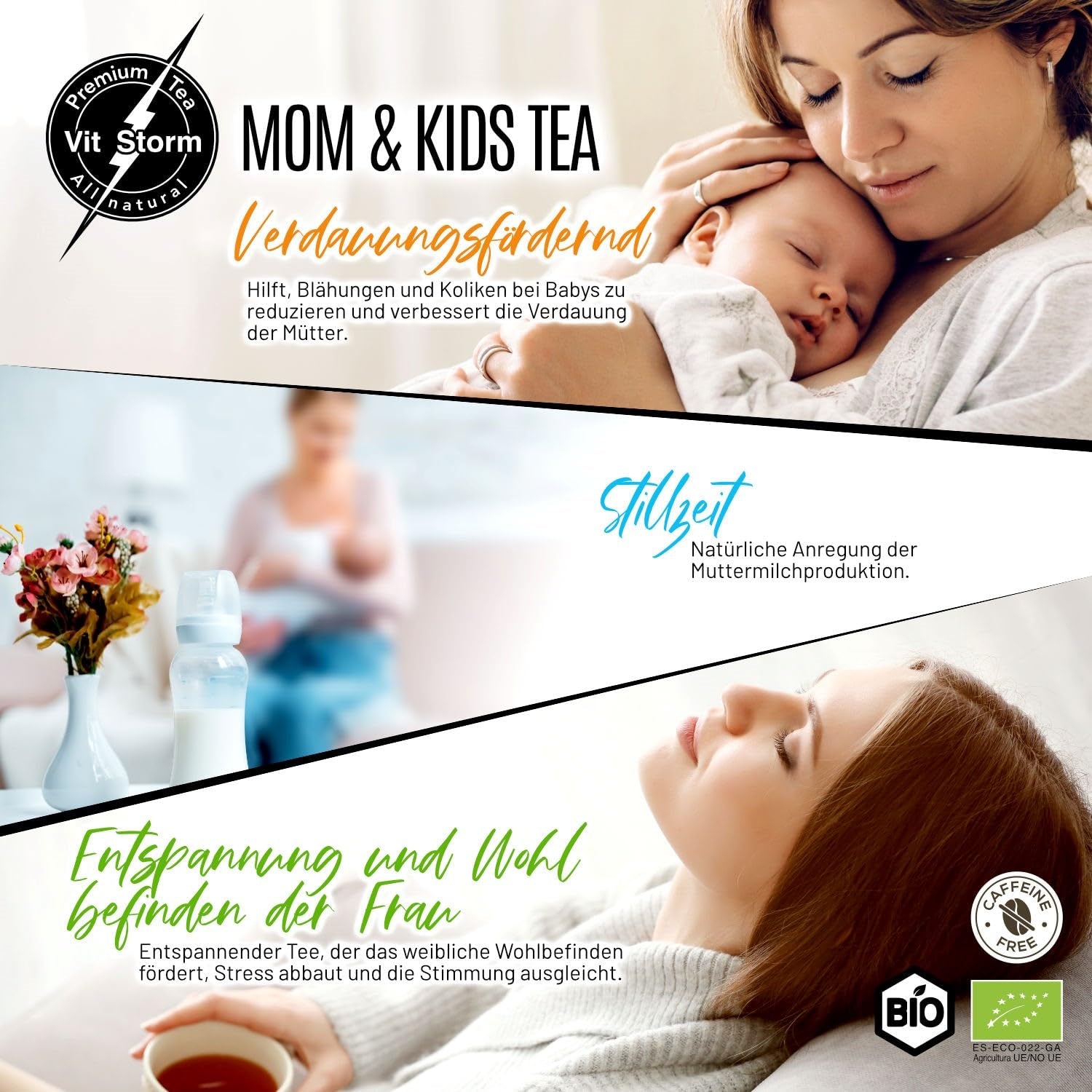 VITSTORM® BIO TEE Mom & Kids - Čaj pro ženy a kojící ženy - Rooibos, jablko, fenykl, meduňka, alchemilka, jahoda - Relaxační čaj - Ovocný a lahodný - Bez kofeinu - Bylinný čaj 100 g