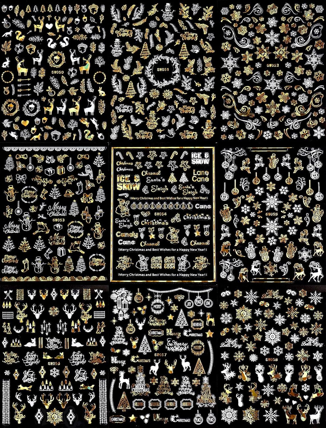 9 Blatt Nagelsticker Weihnachten Nagelaufkleber Selbtklebend Weiß Rentier Schneemann Samolepka na nehty Dekoration Nageldesign Zubehör