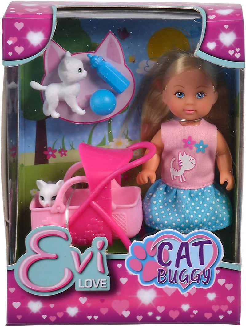 Simba 105733348 - Kočárek Evi Love, se dvěma kočkami v kočárku, odnímatelná taška, doplňky, převlékací panenka, 12 cm, pro děti od 3 let
