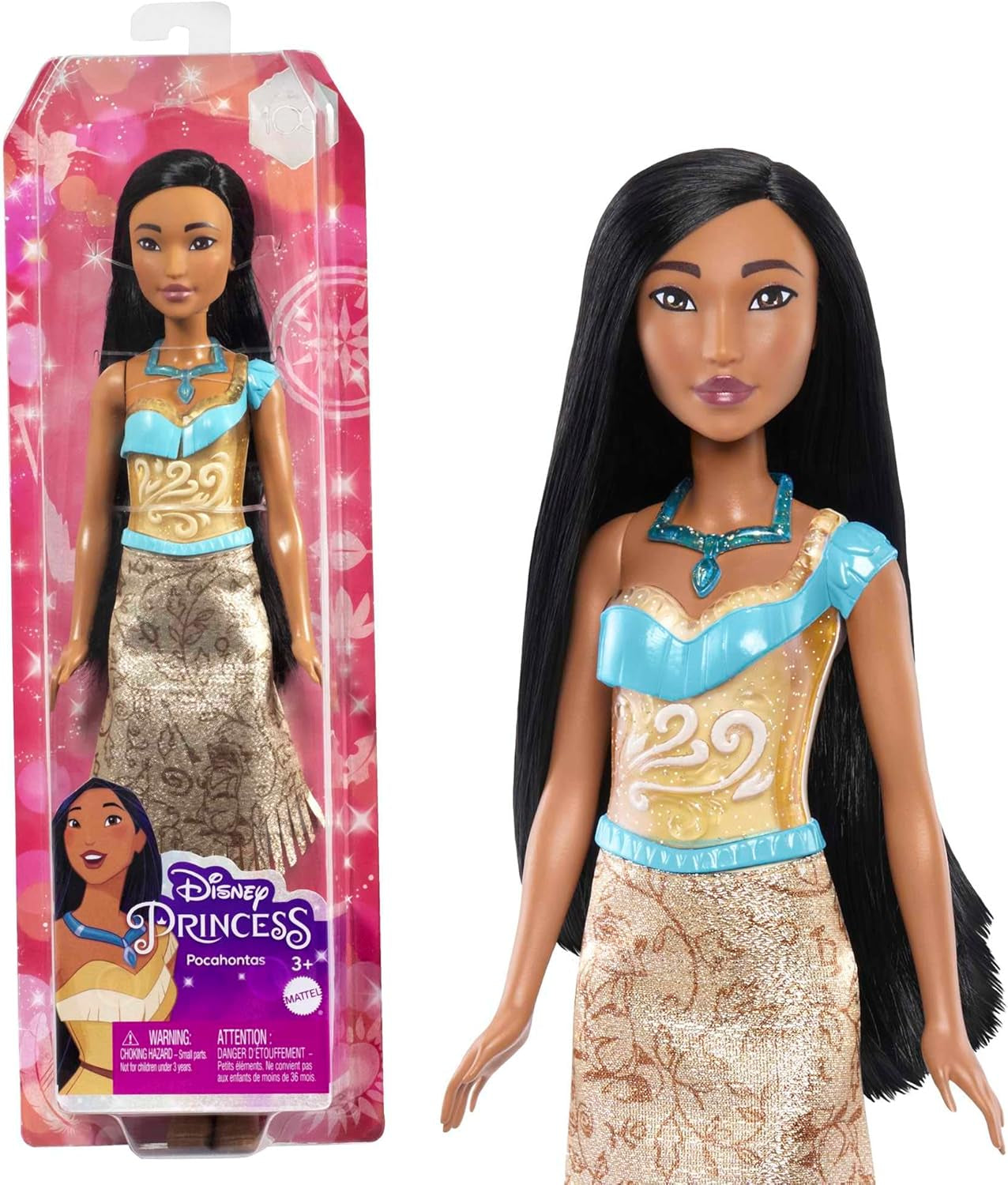 Mattel DISNEY Princess Aurora - Panenka s typickým oblečením, odnímatelné boty a diadém, třpytivý top a snímatelná vzorovaná sukně, dlouhé vlasy na úpravu, HLW09 Naty Shop Pocahontas Dolls