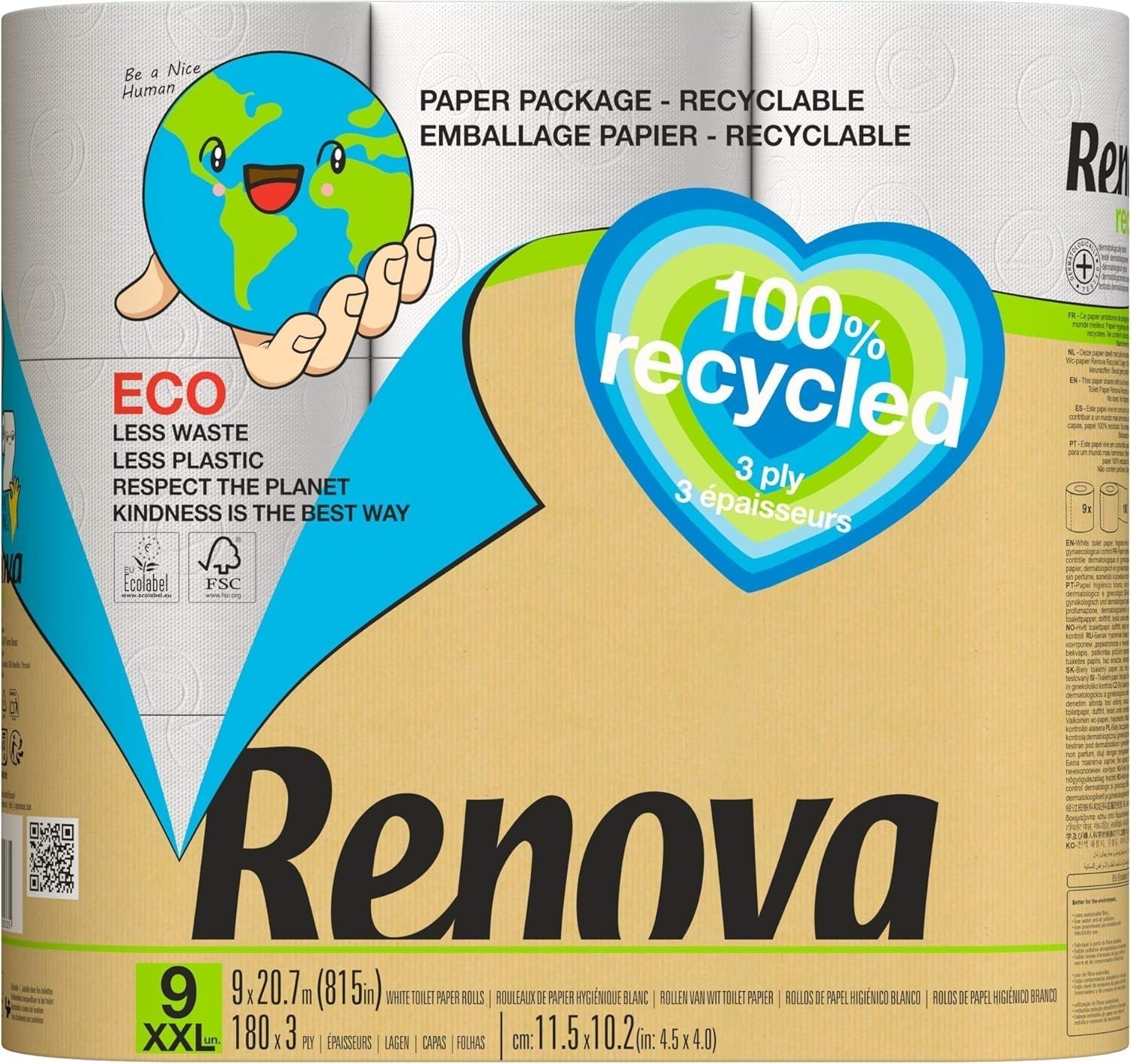 Renova 100% RECYKLOVANÝ toaletní papír 9 rolí, bílý, normální