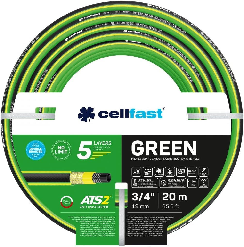 Zahradní hadice Cellfast GREEN ATS2, odolná, flexibilní, 5vrstvá, ATS2 křížový oplet, odolná UV záření a řasám, bez těžkých kovů, 30 bar, -20/+60°C krátkodobě, 3/4", 20m