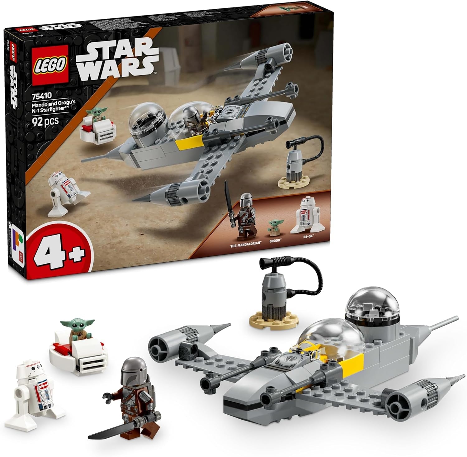 Hračka LEGO Star Wars 75410 Mandos a Grogus N-1 Starfighter s minifigurkami Mandaloriana, Grogu a R5-D4, včetně sestavitelného sloupu, startovací sady hvězdné lodi pro chlapce a dívky od 4 let Stavebnice Beuche den LEGO-Store Výchozí název