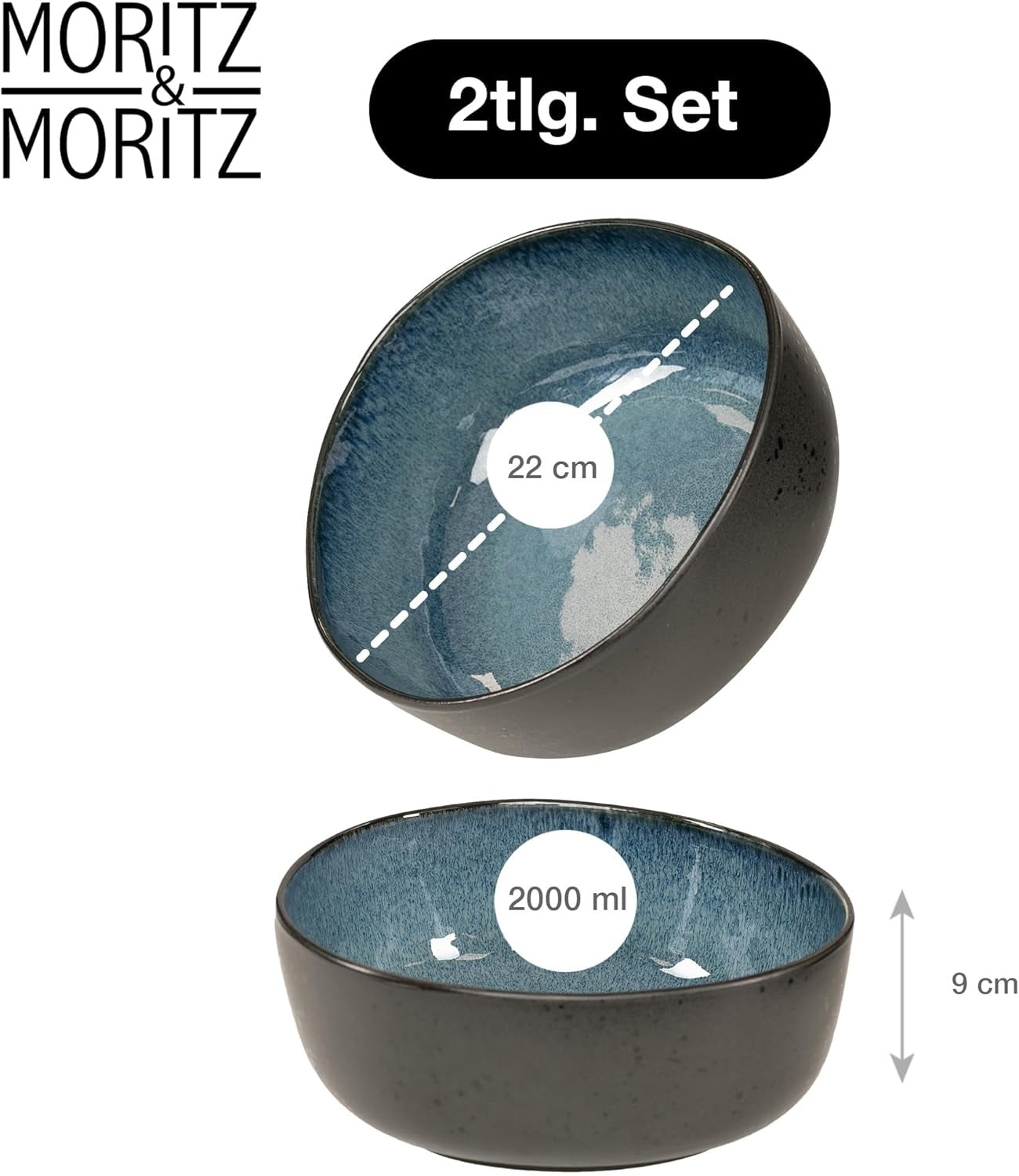 Sada servírovacích misek Moritz & Moritz BIO, modrá - 2 velké vysoce kvalitní kameninové misky, moderní a nadčasové, vhodné do mikrovlnné trouby a myčky nádobí - ideální na saláty, těstoviny, svačiny a další